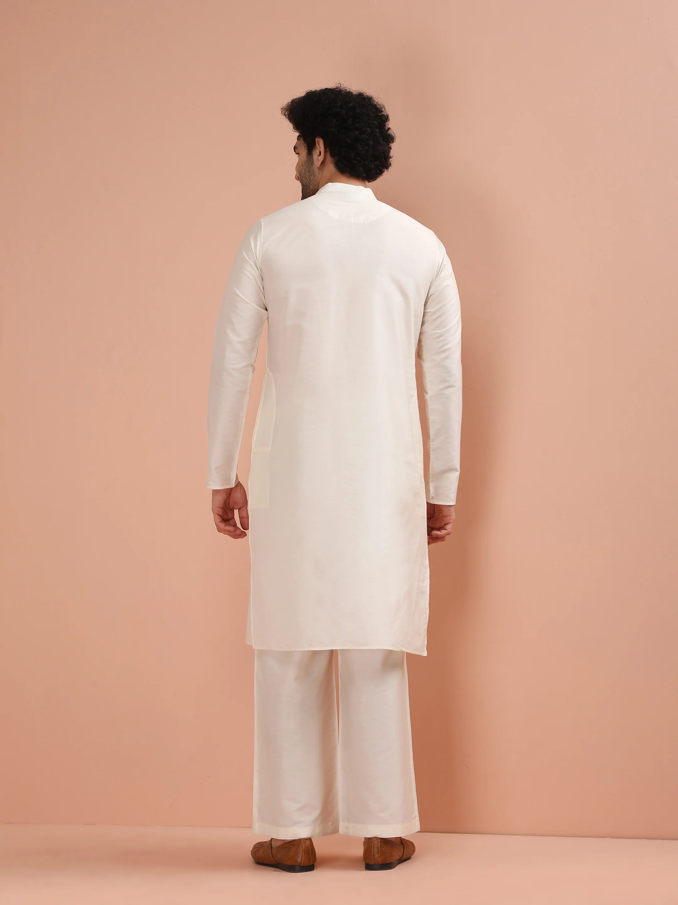 Cream Cotton Blend Solid Kurta Wide Leg Pant Set - Image 4