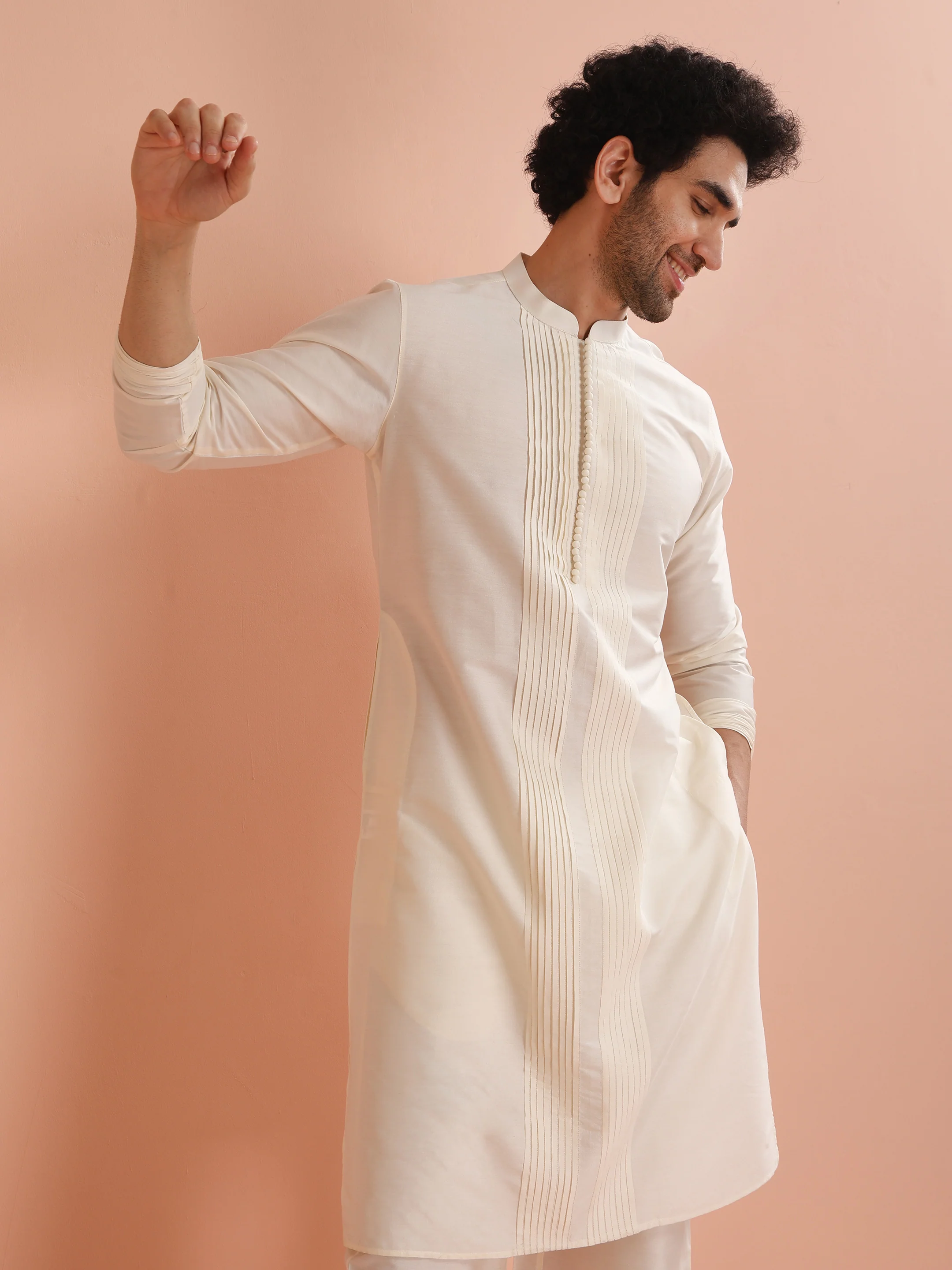 Cream Cotton Blend Solid Kurta Wide Leg Pant Set - Image 7