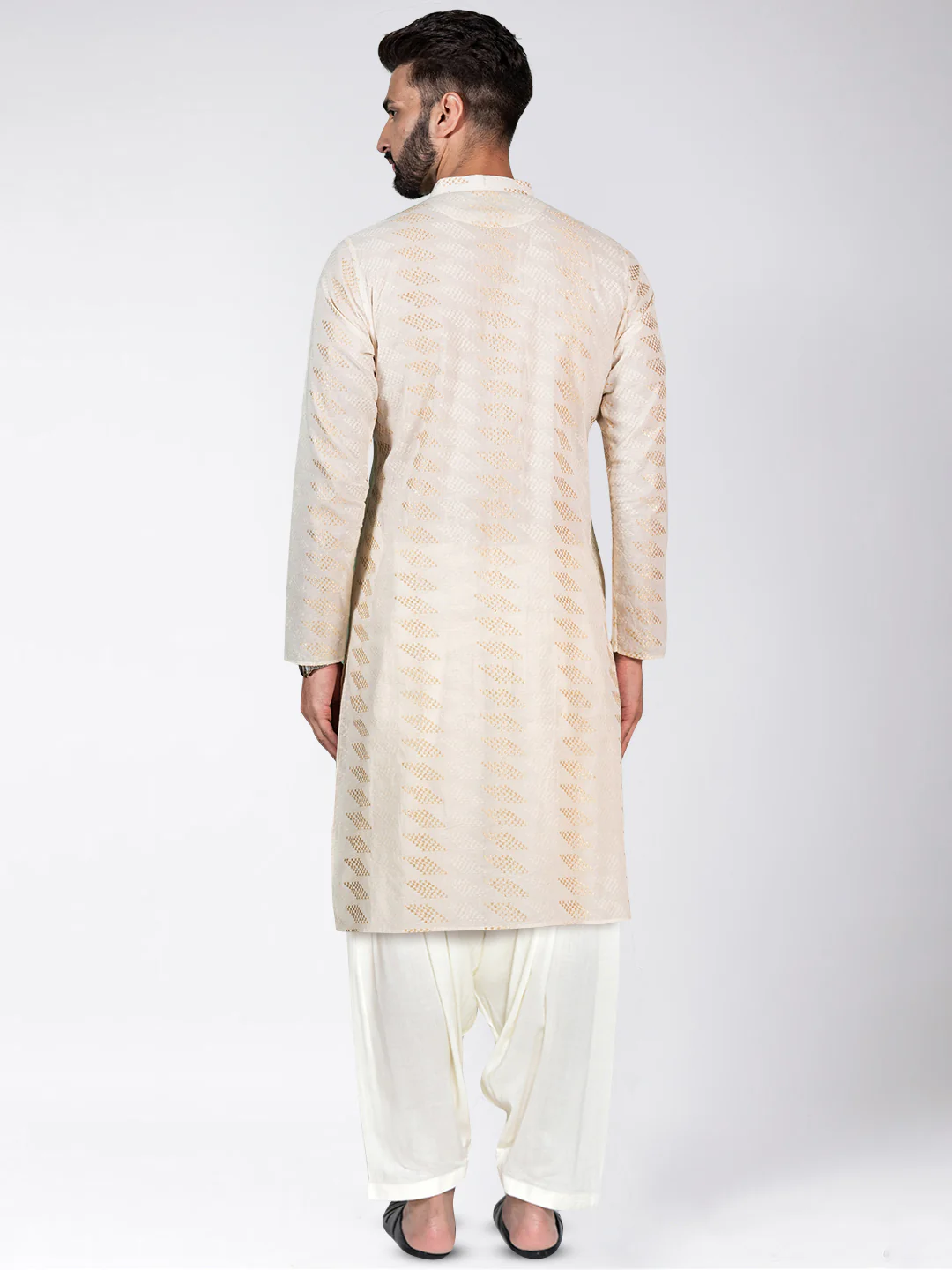 Cream Cotton Blend Woven Design Long Kurta - Image 5