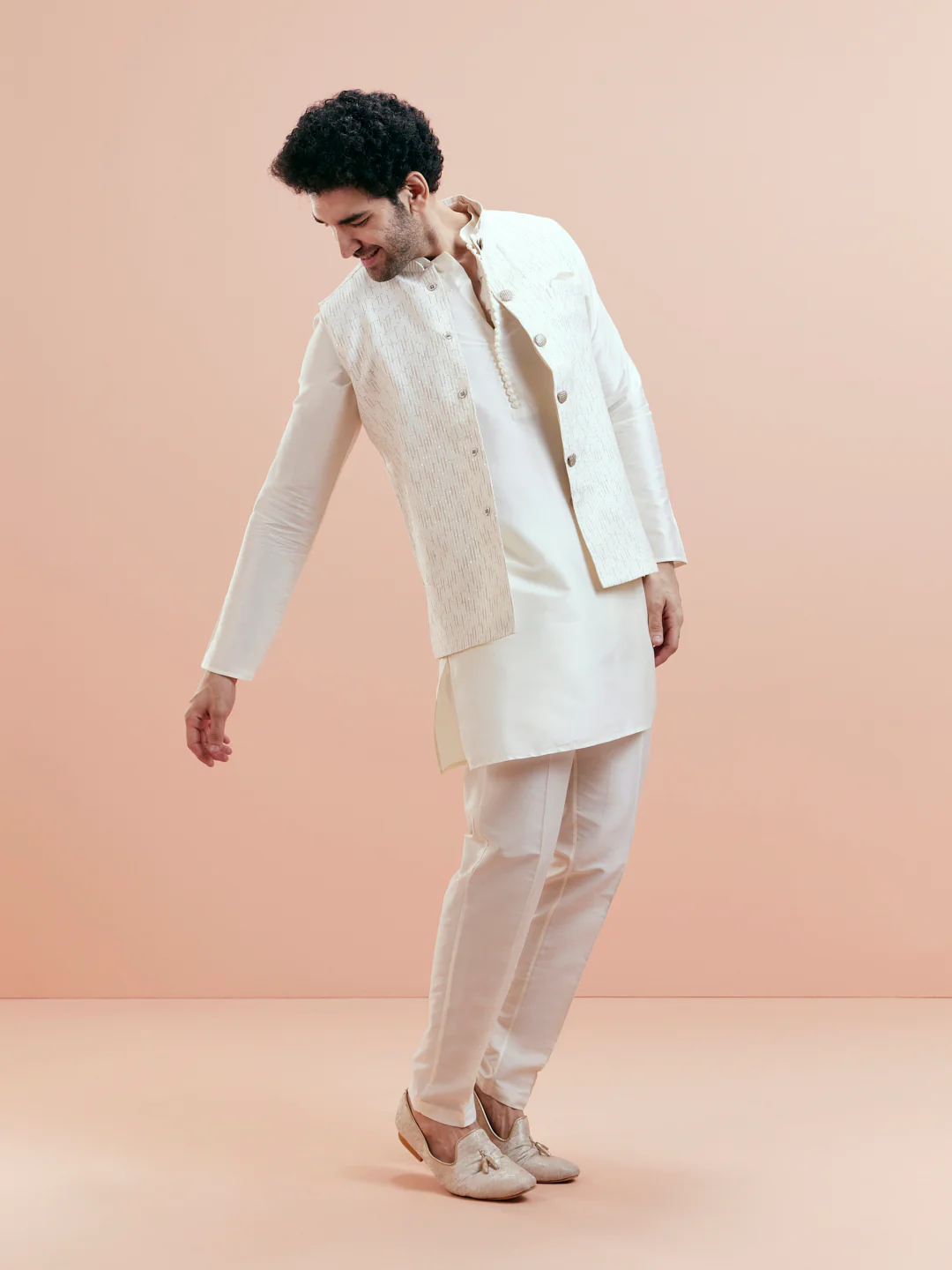 Cream Cotton Silk Textured Jacket - Image 8