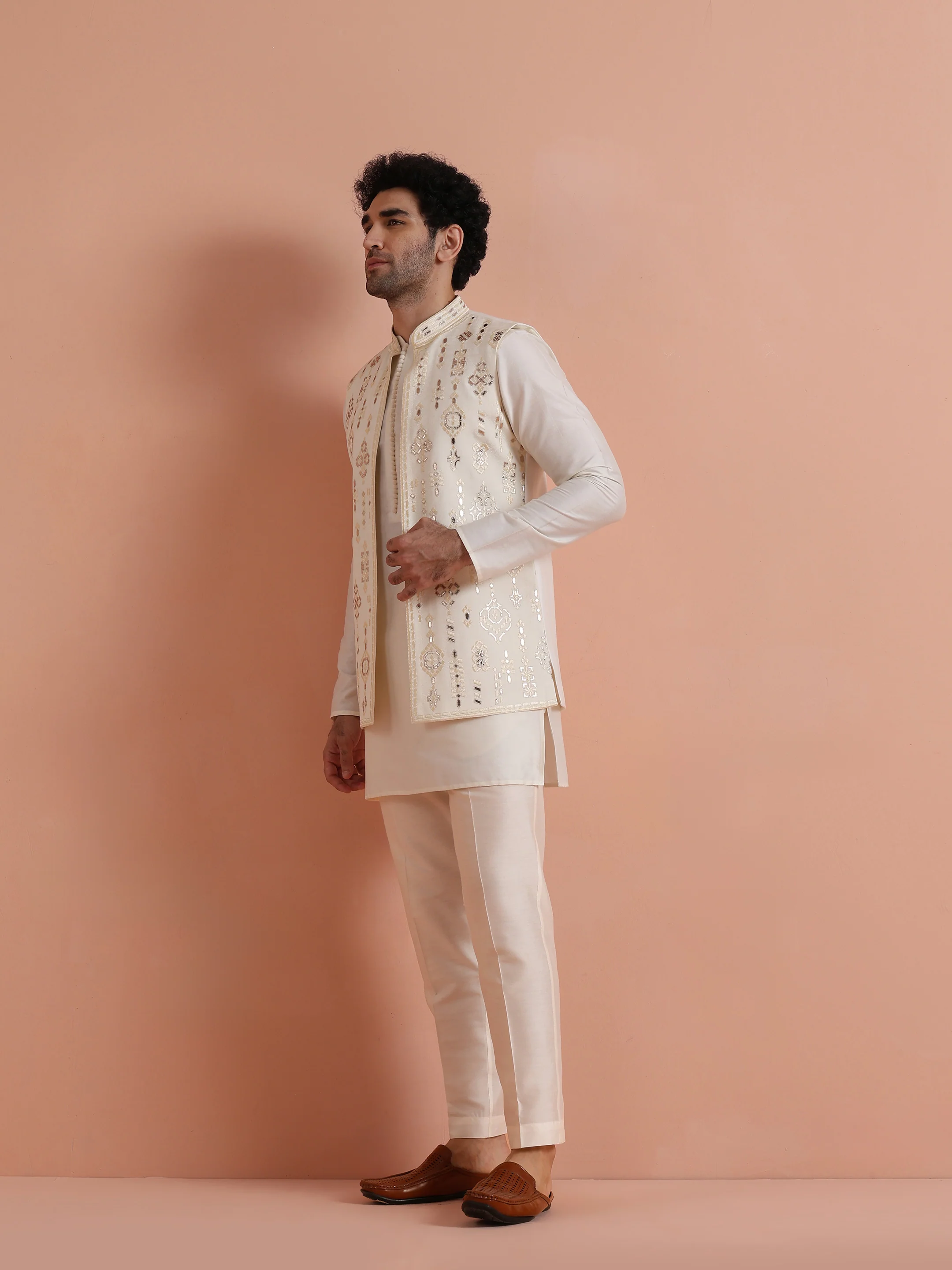 Cream Embroidered Jacket Kurta Set - Image 2