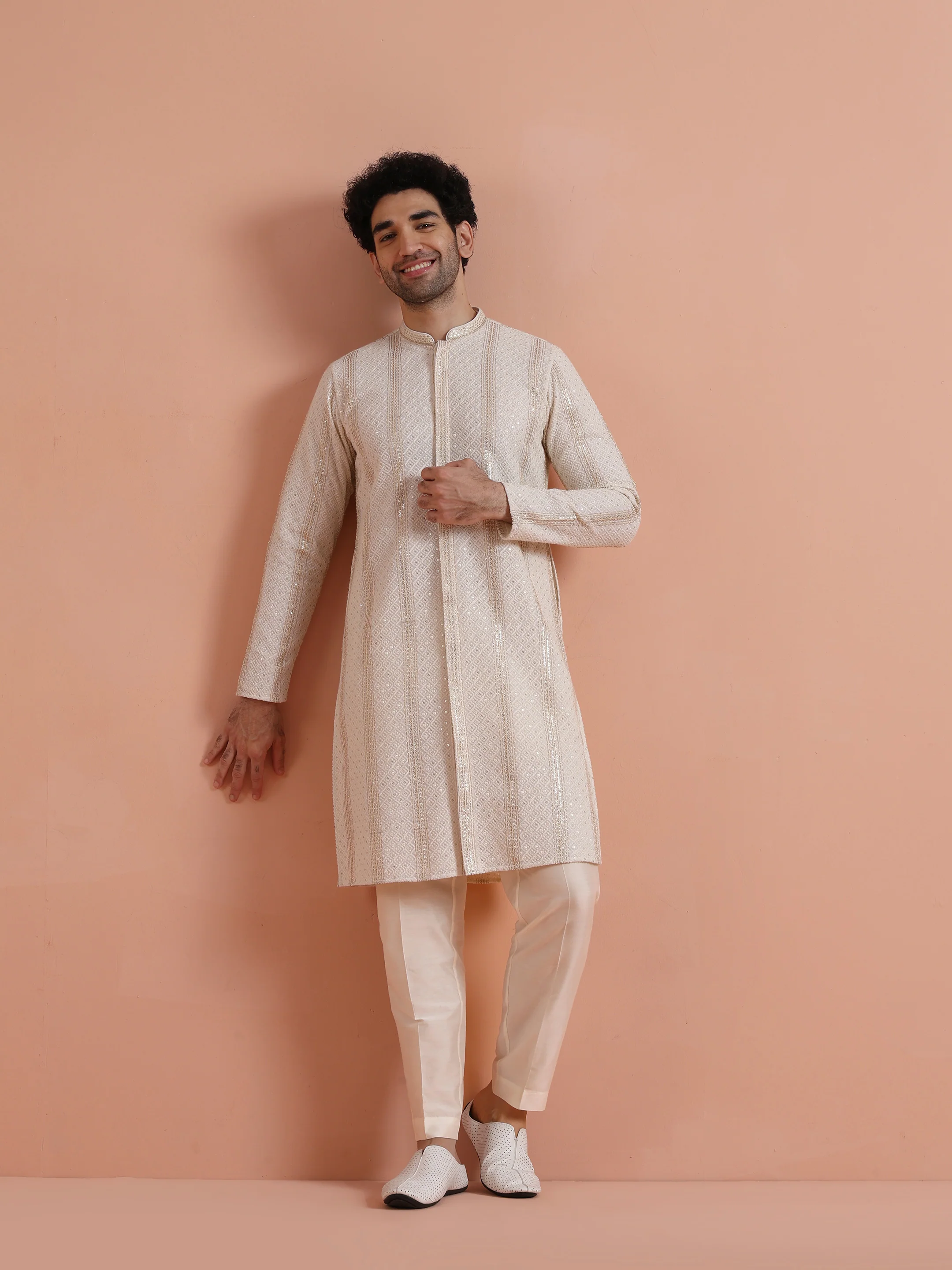Cream Georgette Embroidered Front Open Kurta Trouser Set
