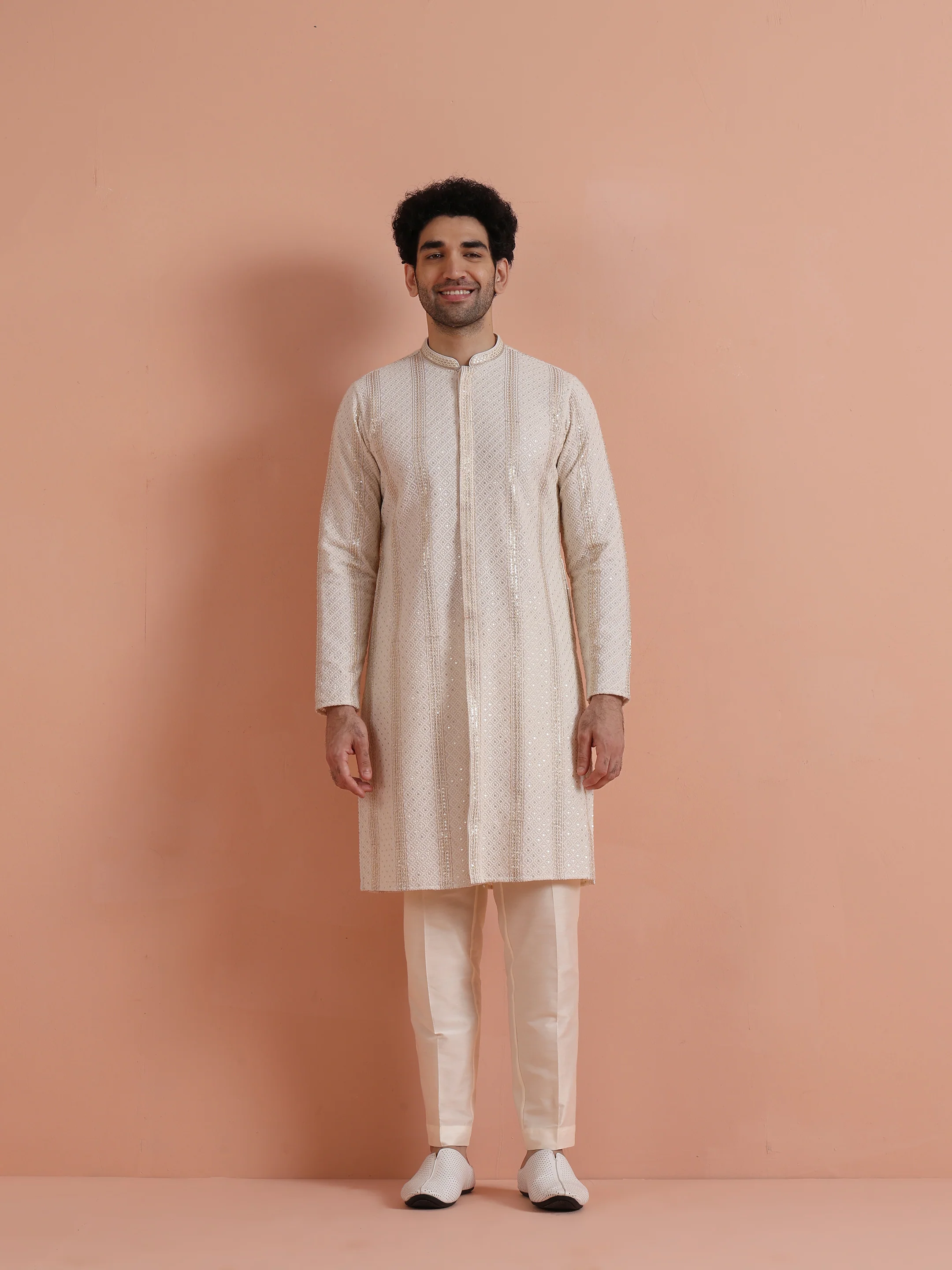 Cream Georgette Embroidered Front Open Kurta Trouser Set - Image 7
