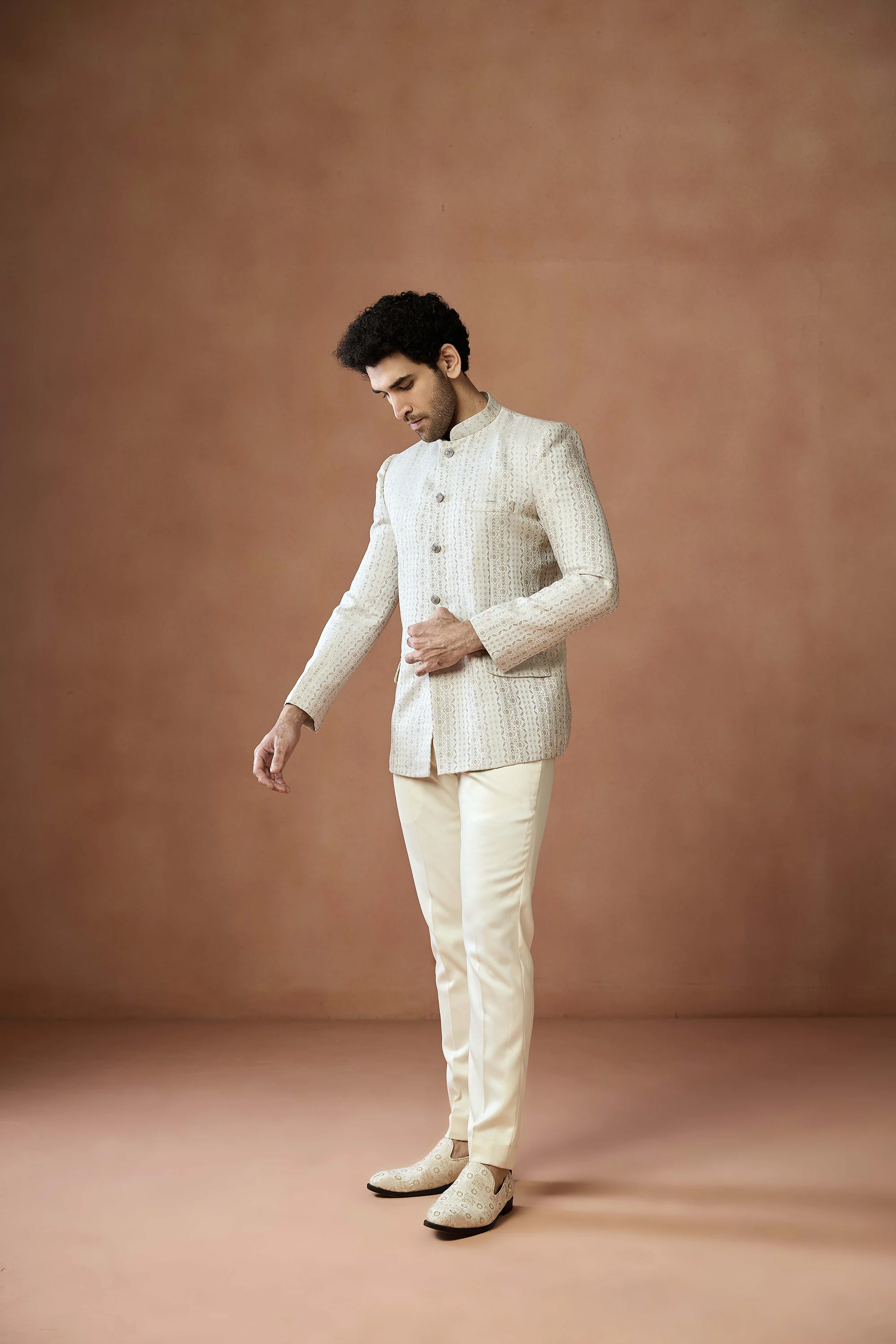 Cream Jacquard Silk Bandhgala - Image 3