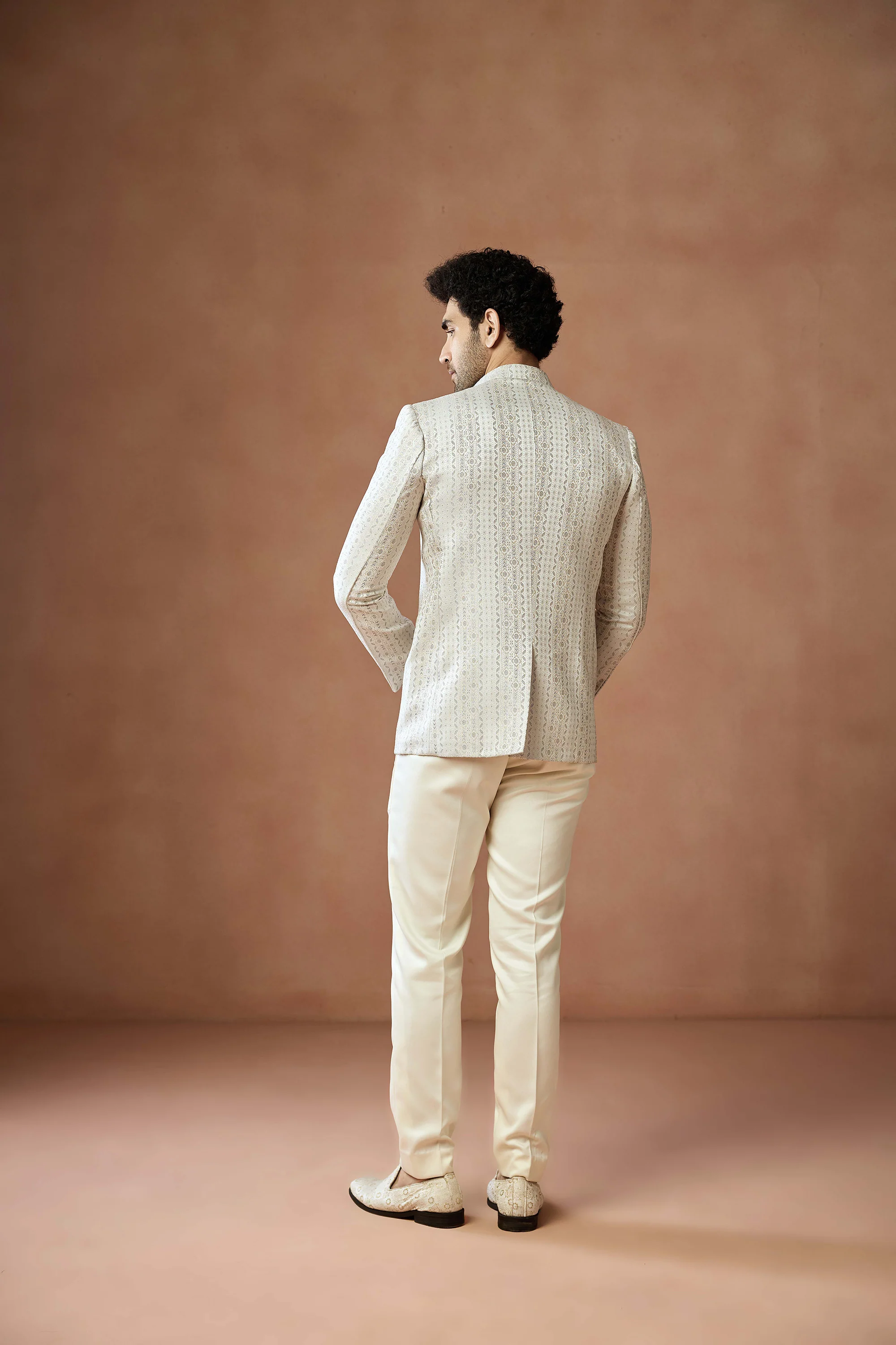 Cream Jacquard Silk Bandhgala - Image 4