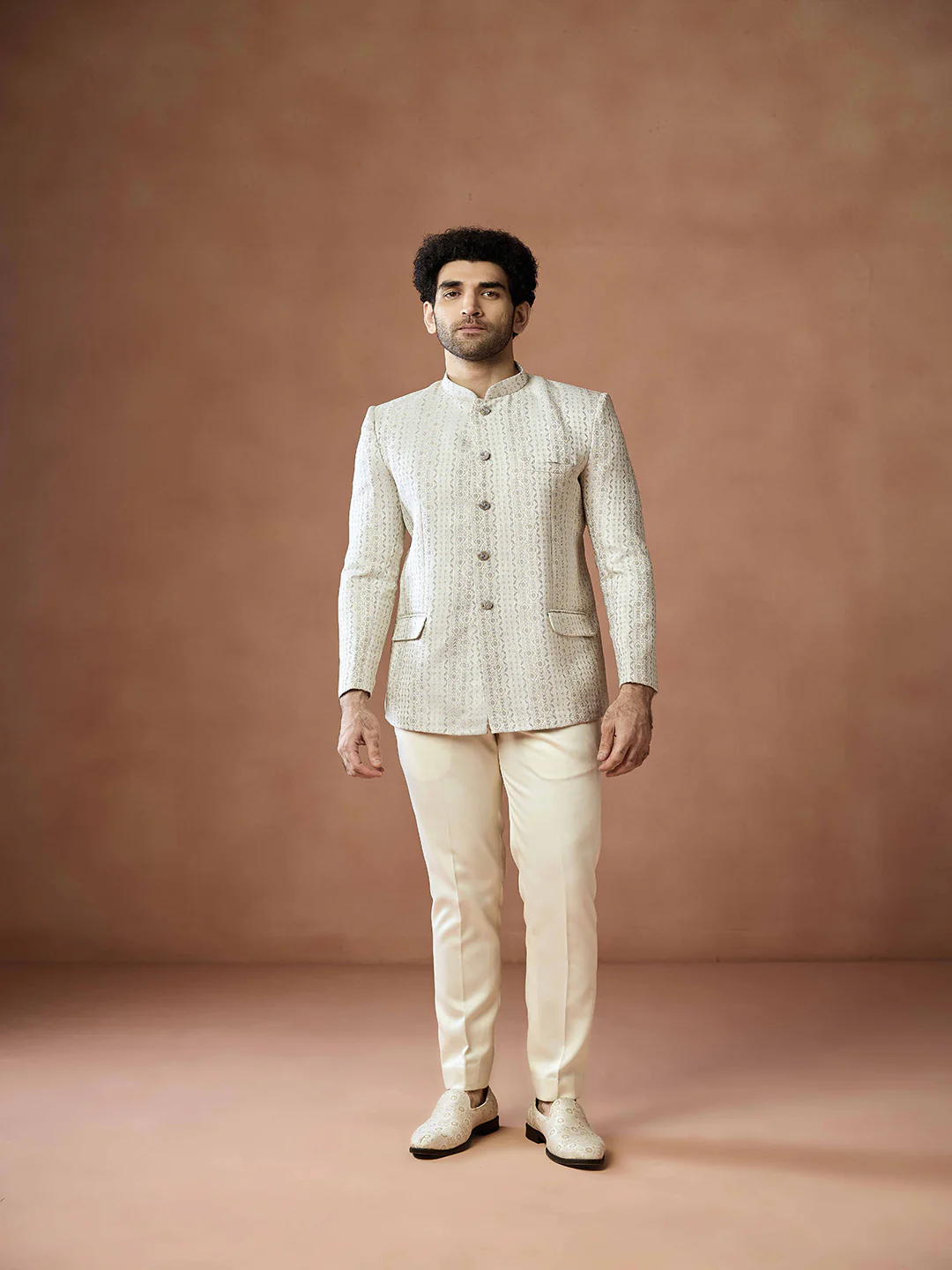 Cream Jacquard Silk Bandhgala - Image 6