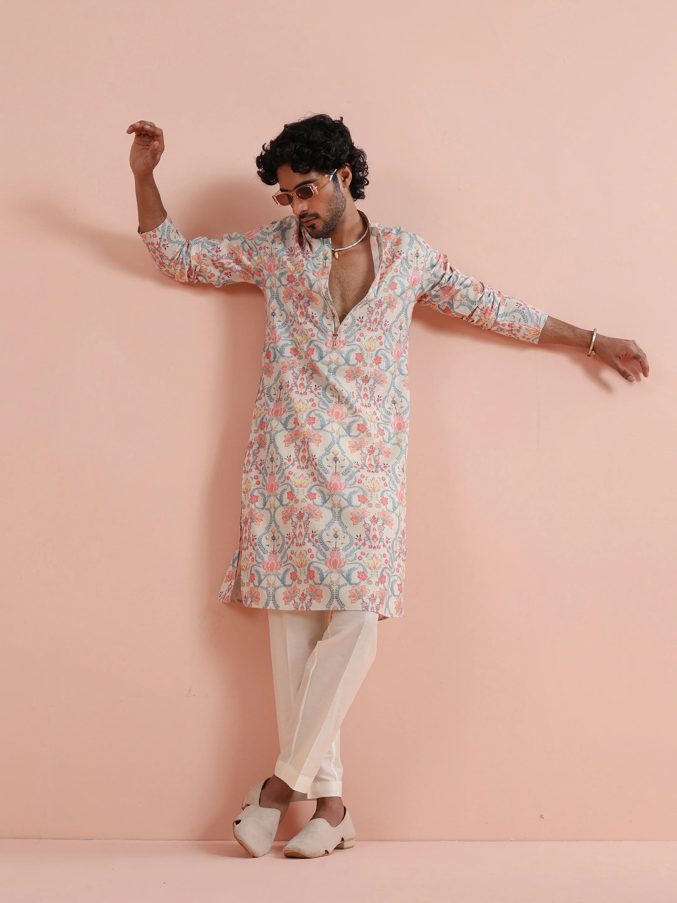 Cream Multicolor Printed Kurta Trouser Set