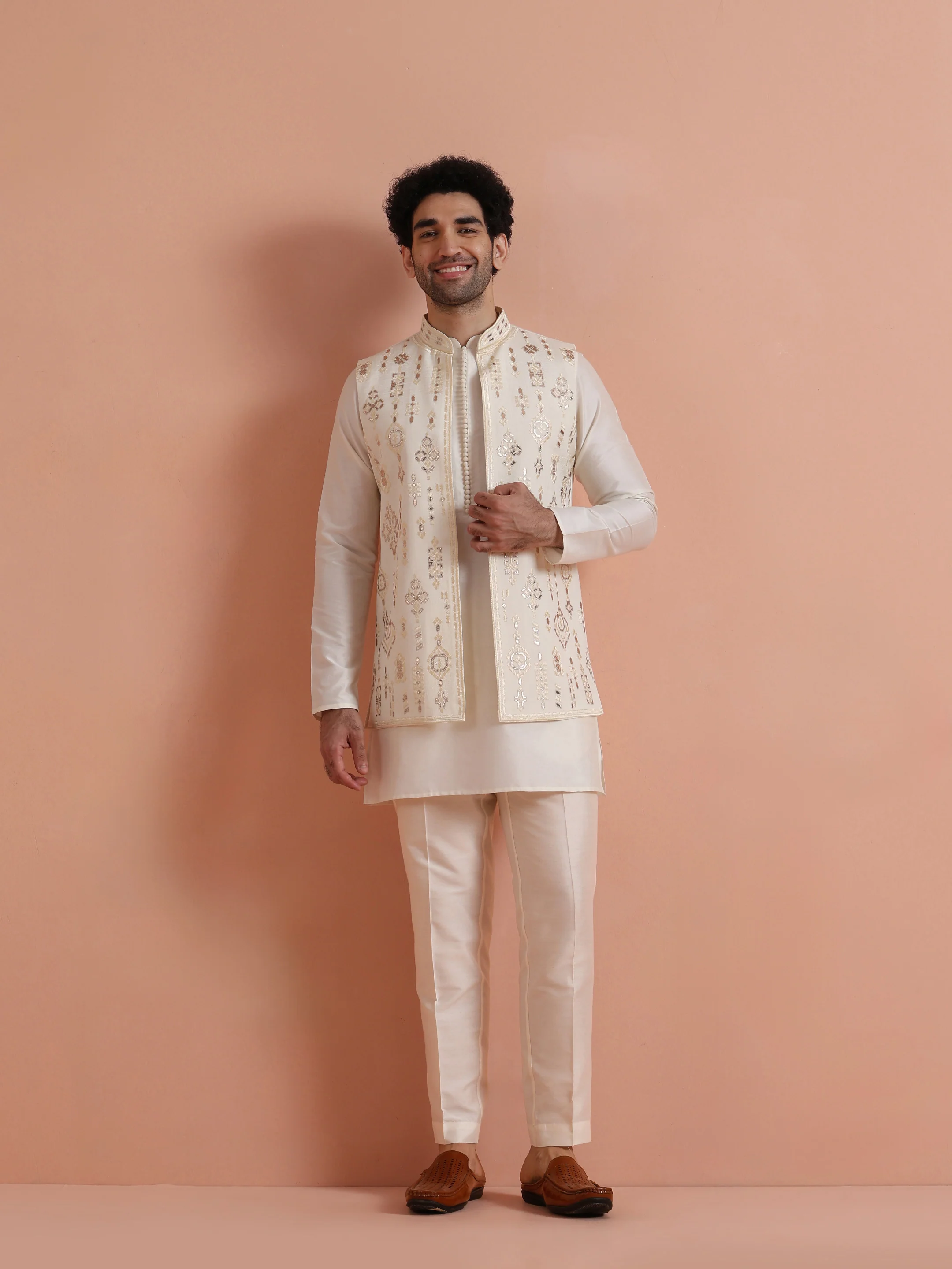 Cream Poly Silk Embroidered Mid Kurta Front Open Long Jacket Trouser Set - Image 7