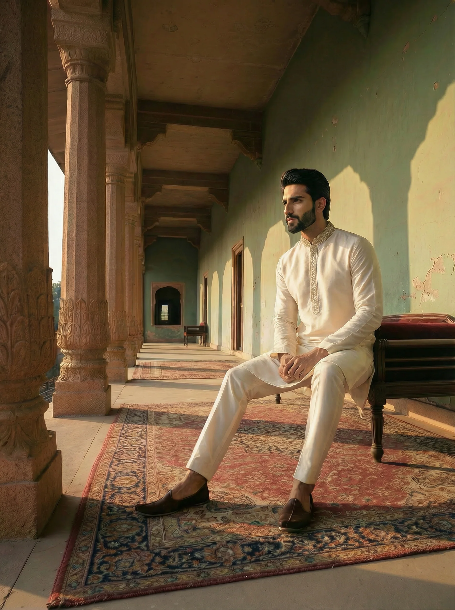 Cream Silk Blend Embroidered Long Kurta