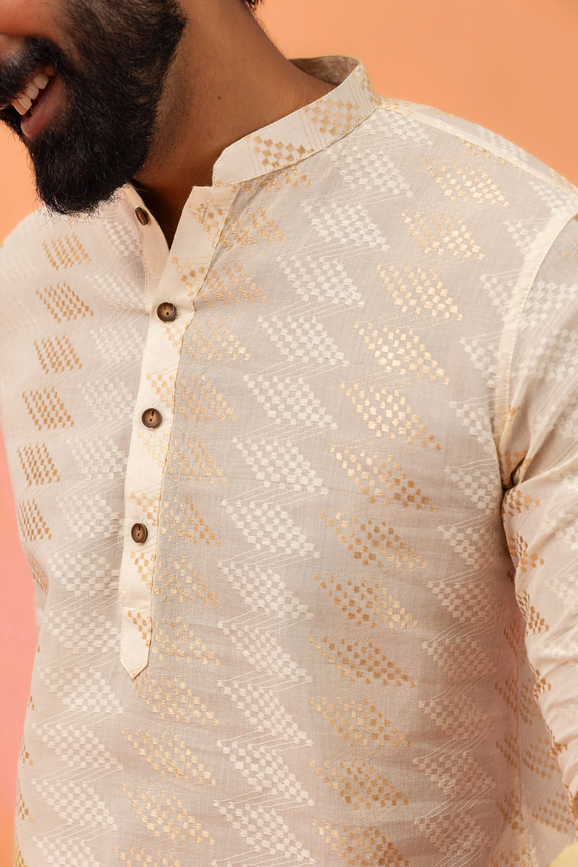 Cream Silk Blend Geometric Kurta Dhoti Set - Image 5