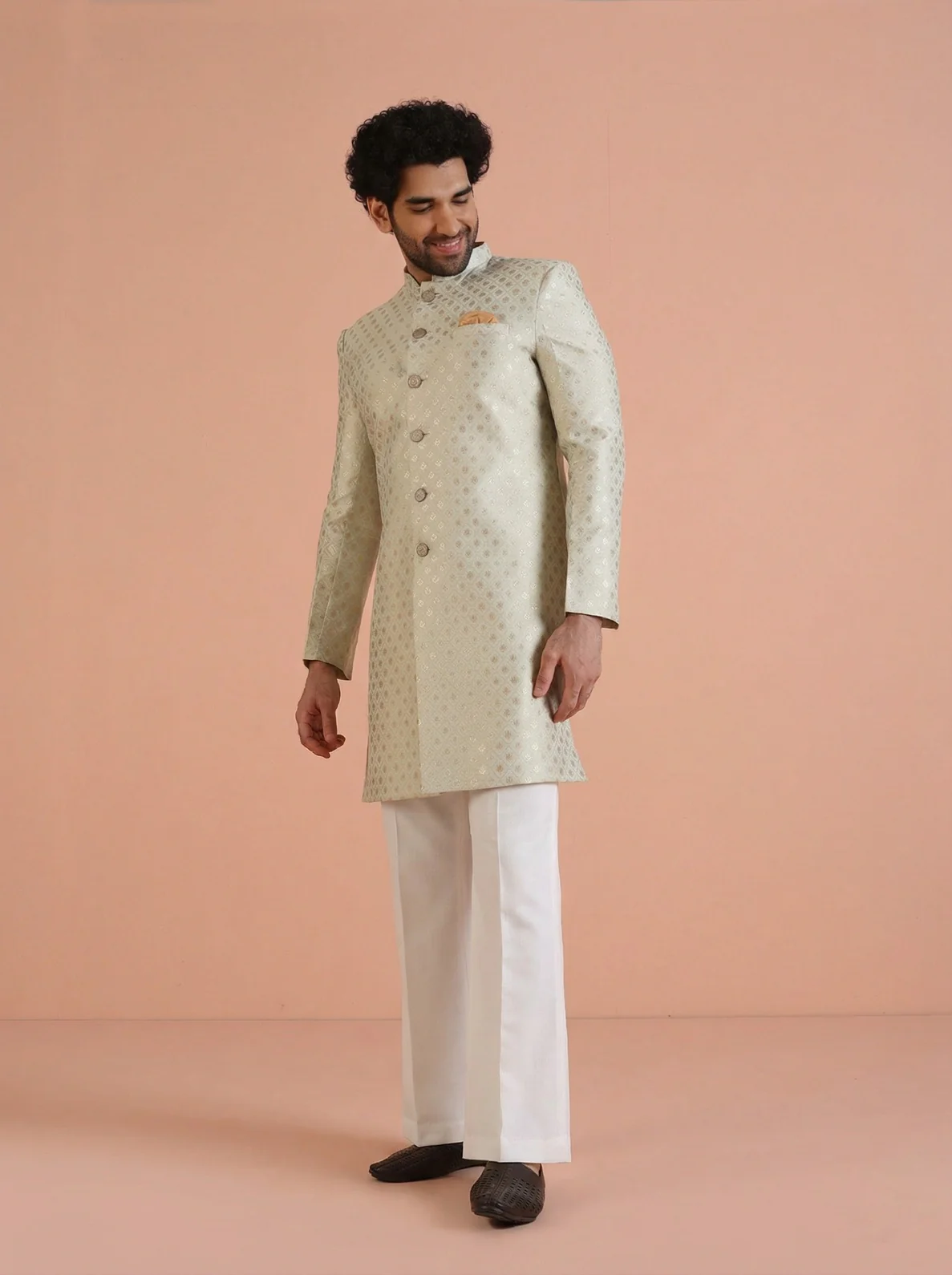 Mint Green Silk Blend Jacquard Sherwani Wide Leg Trouser Set - Image 2