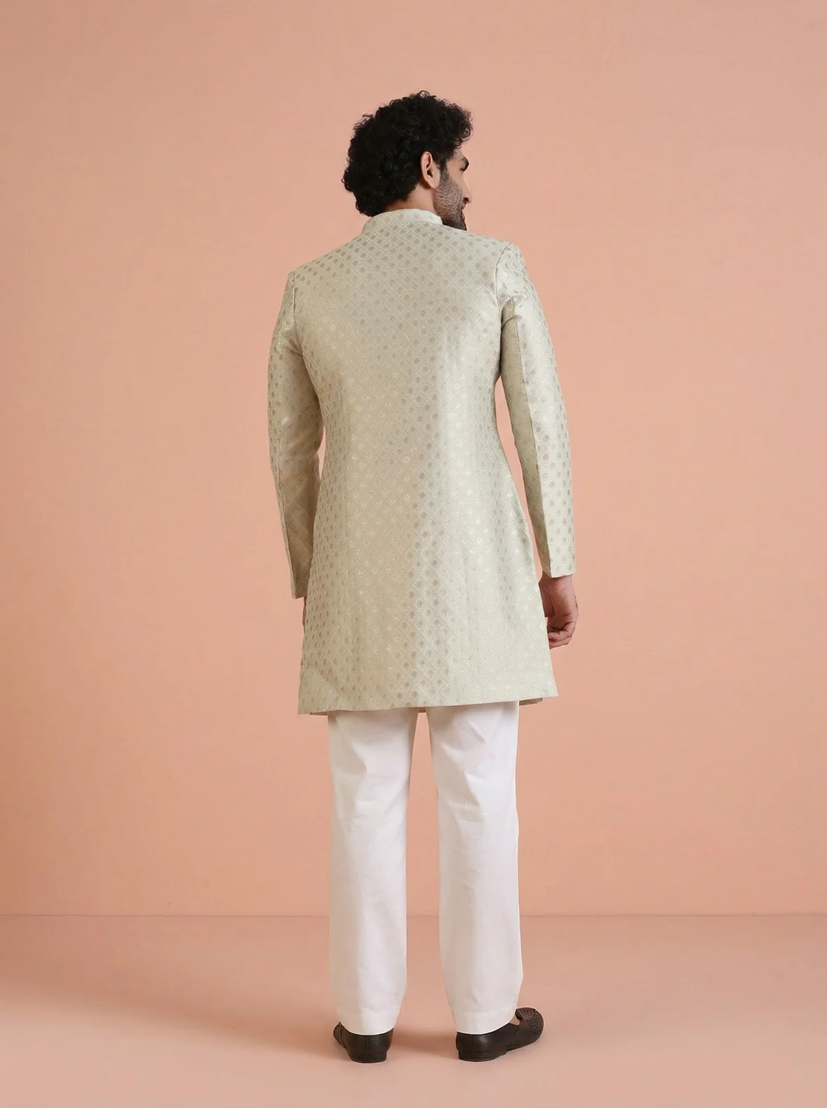 Mint Green Silk Blend Jacquard Sherwani Wide Leg Trouser Set - Image 3