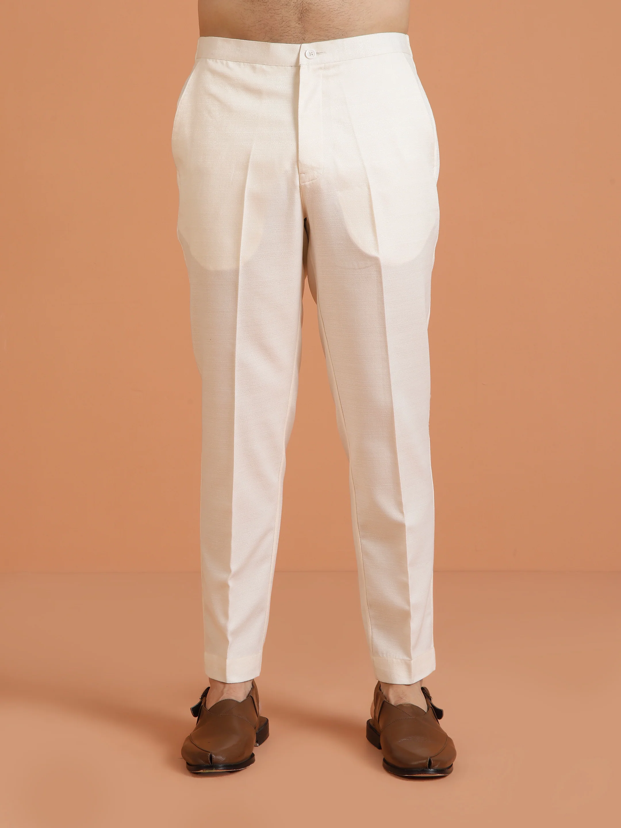 Cream Silk Blend Solid Trouser