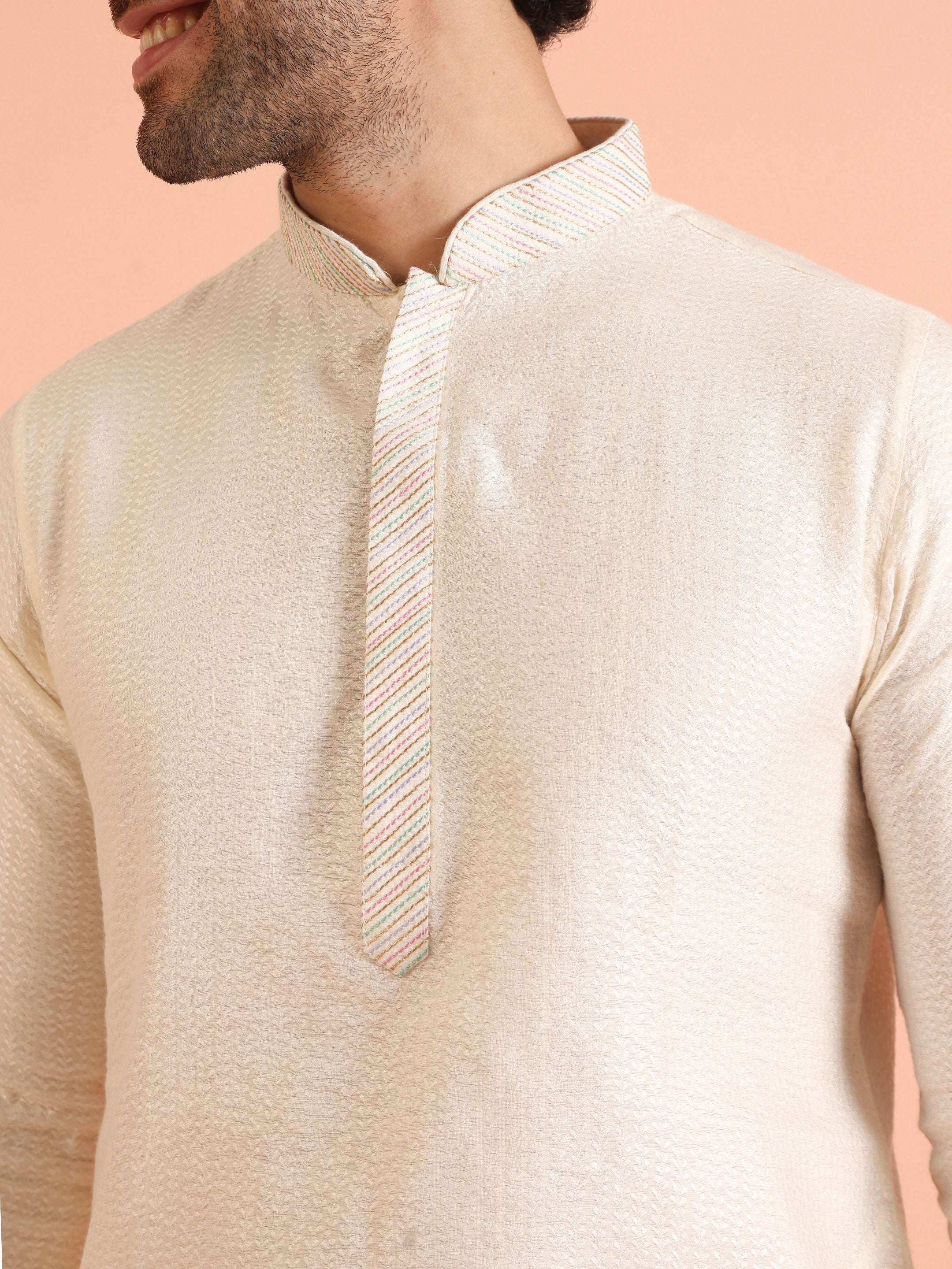 Cream Silk Blend Textured Long Kurta - Image 5