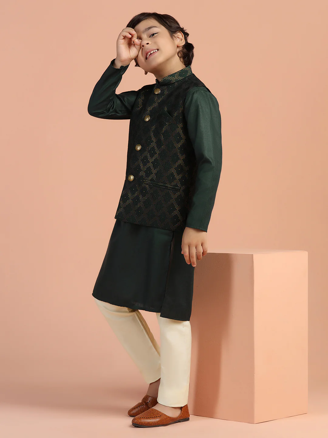 Dark Green Jacquard Kids Kurta Set