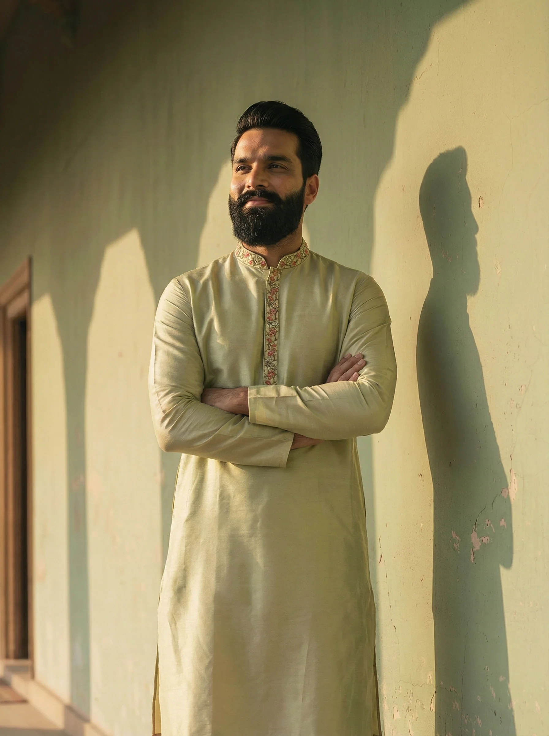 Green Silk Blend Embroidered Kurta