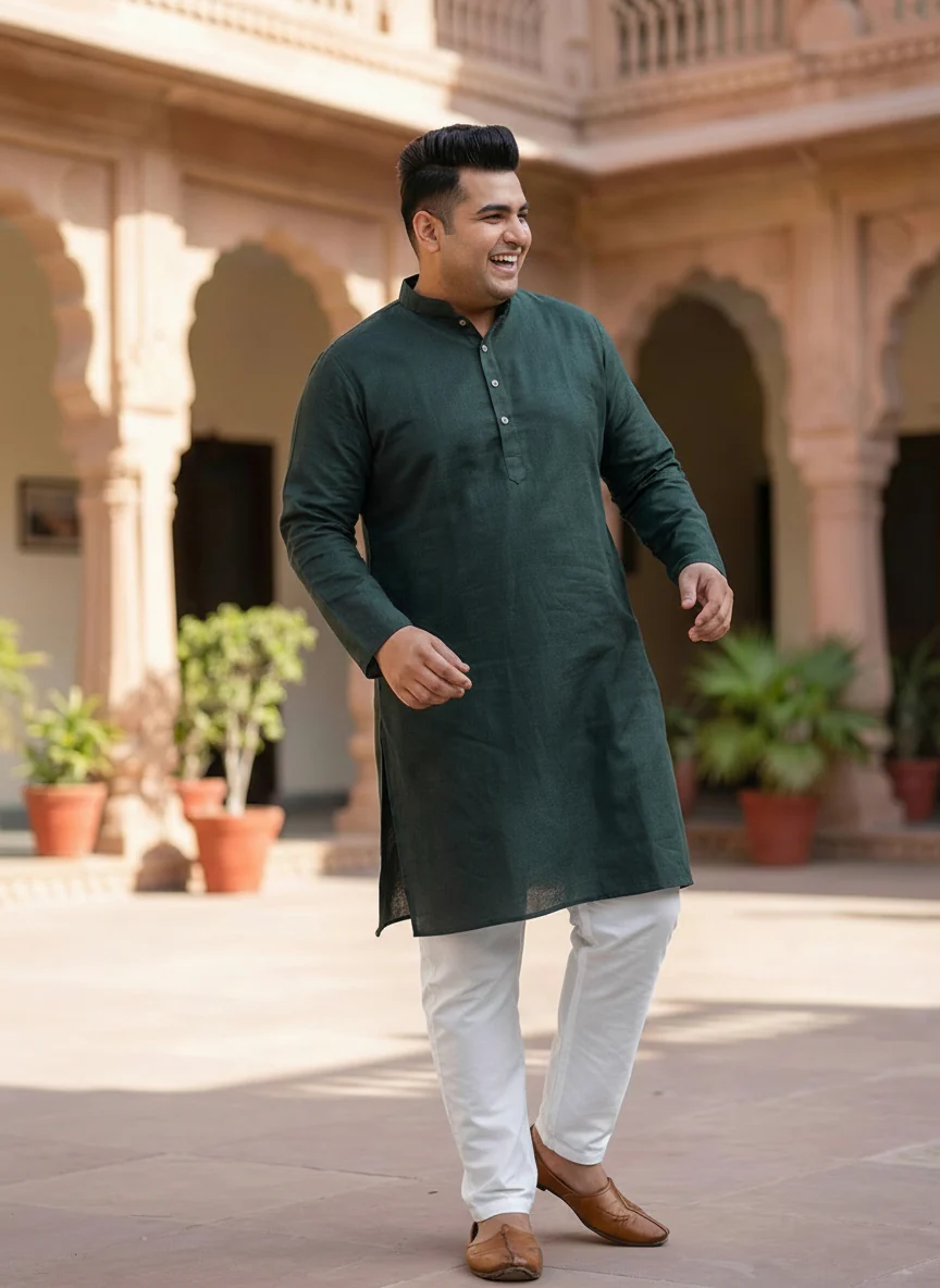 Dark Green Silk Blend Solid Long Kurta