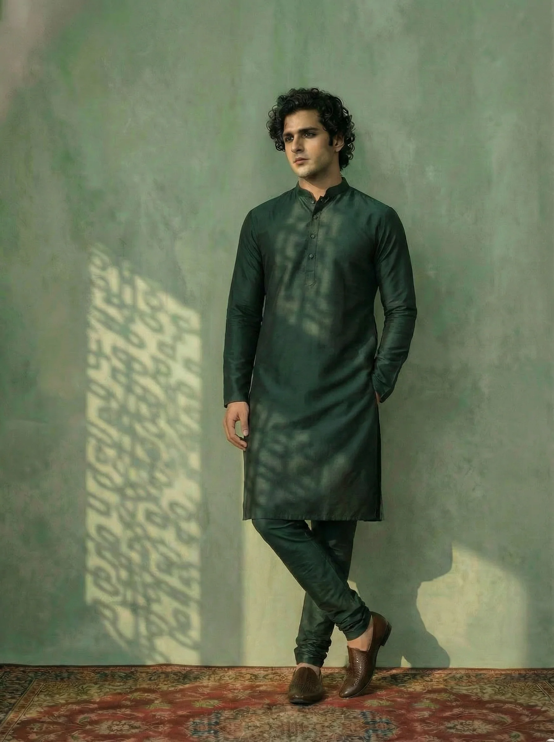 Dark Green Silk Blend Solid Plain Kurta