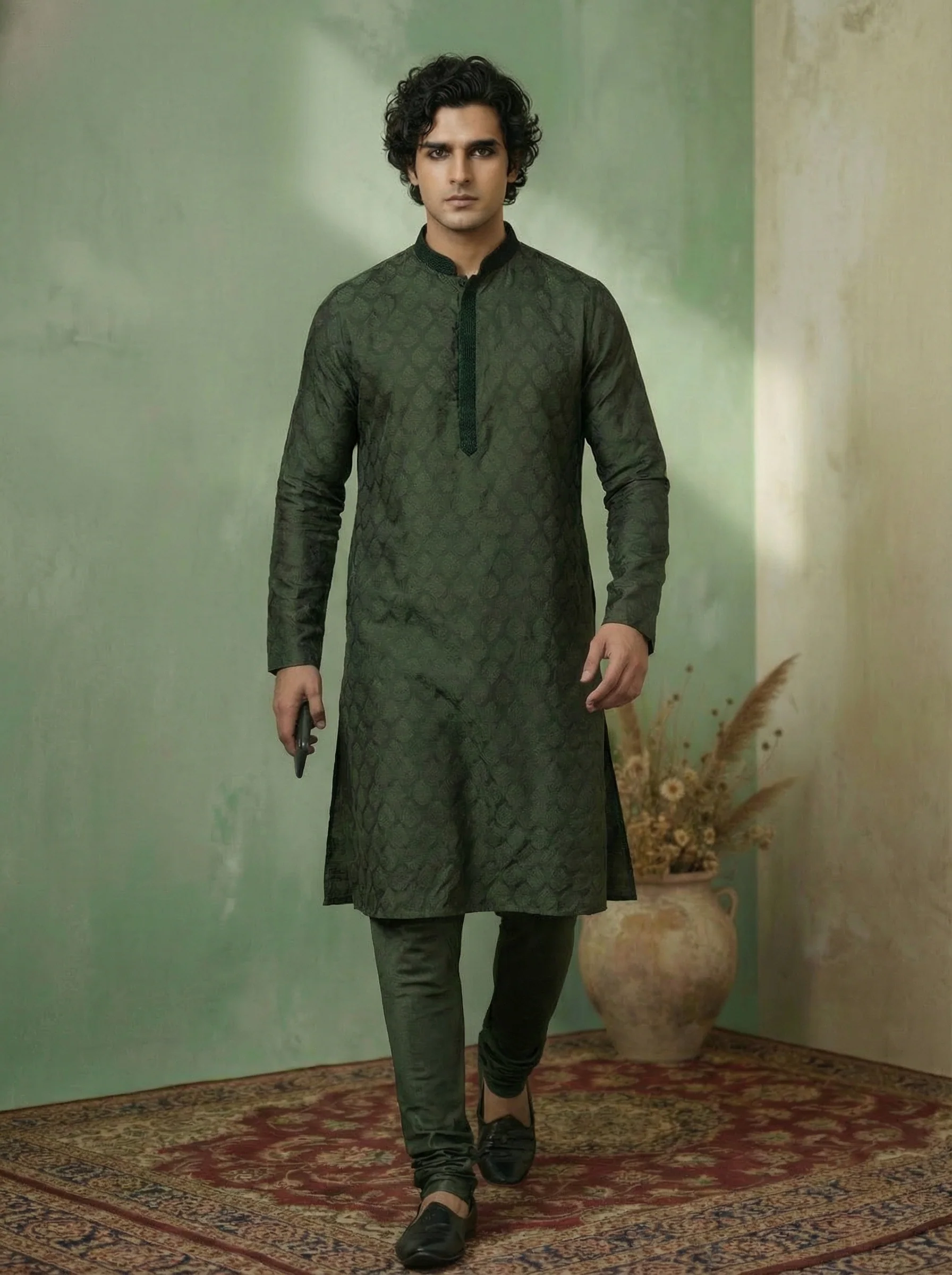 Dark Green Silk Blend Textured Long Kurta