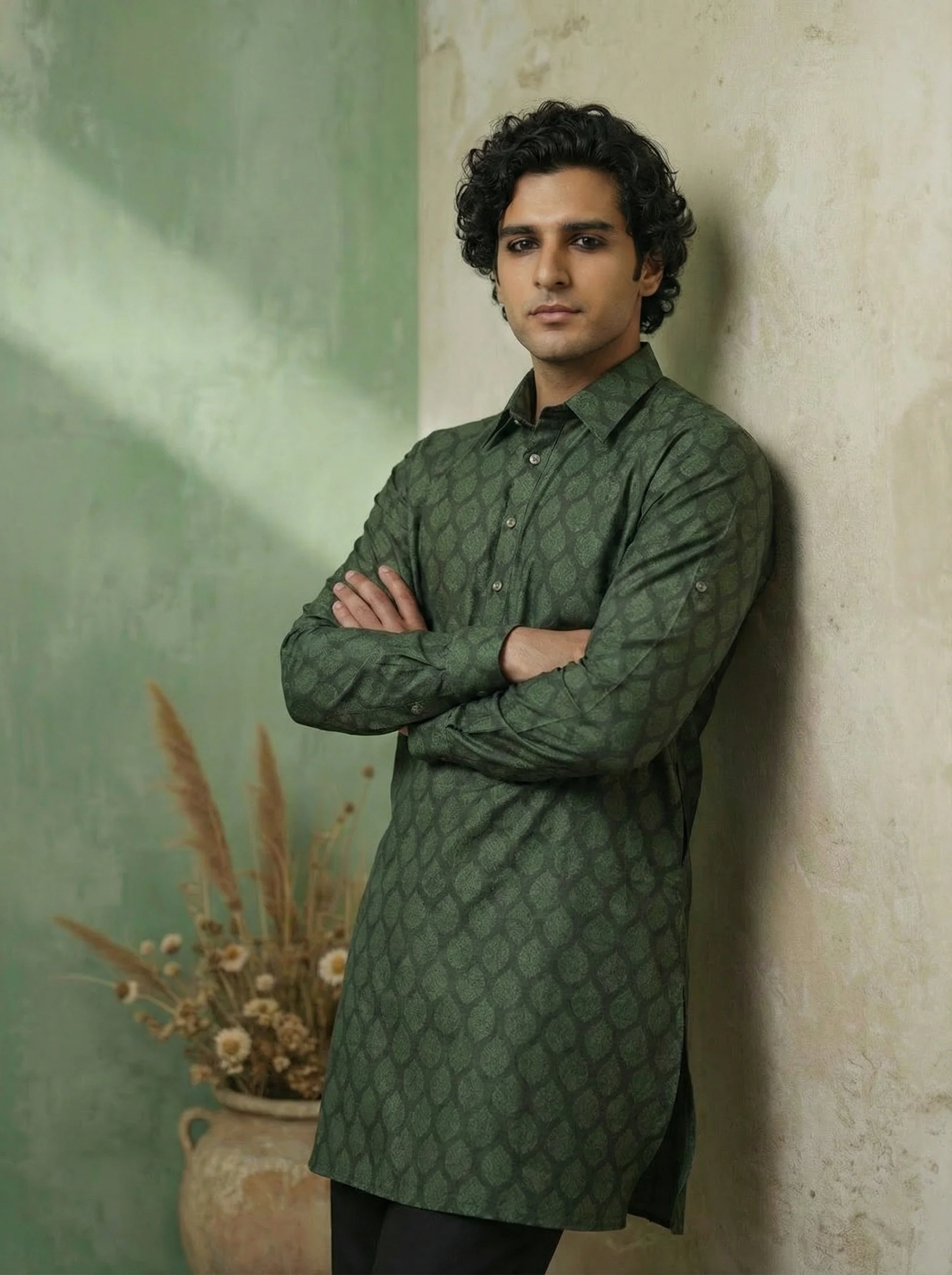 Green Silk Blend Textured Long Pathani Kurta