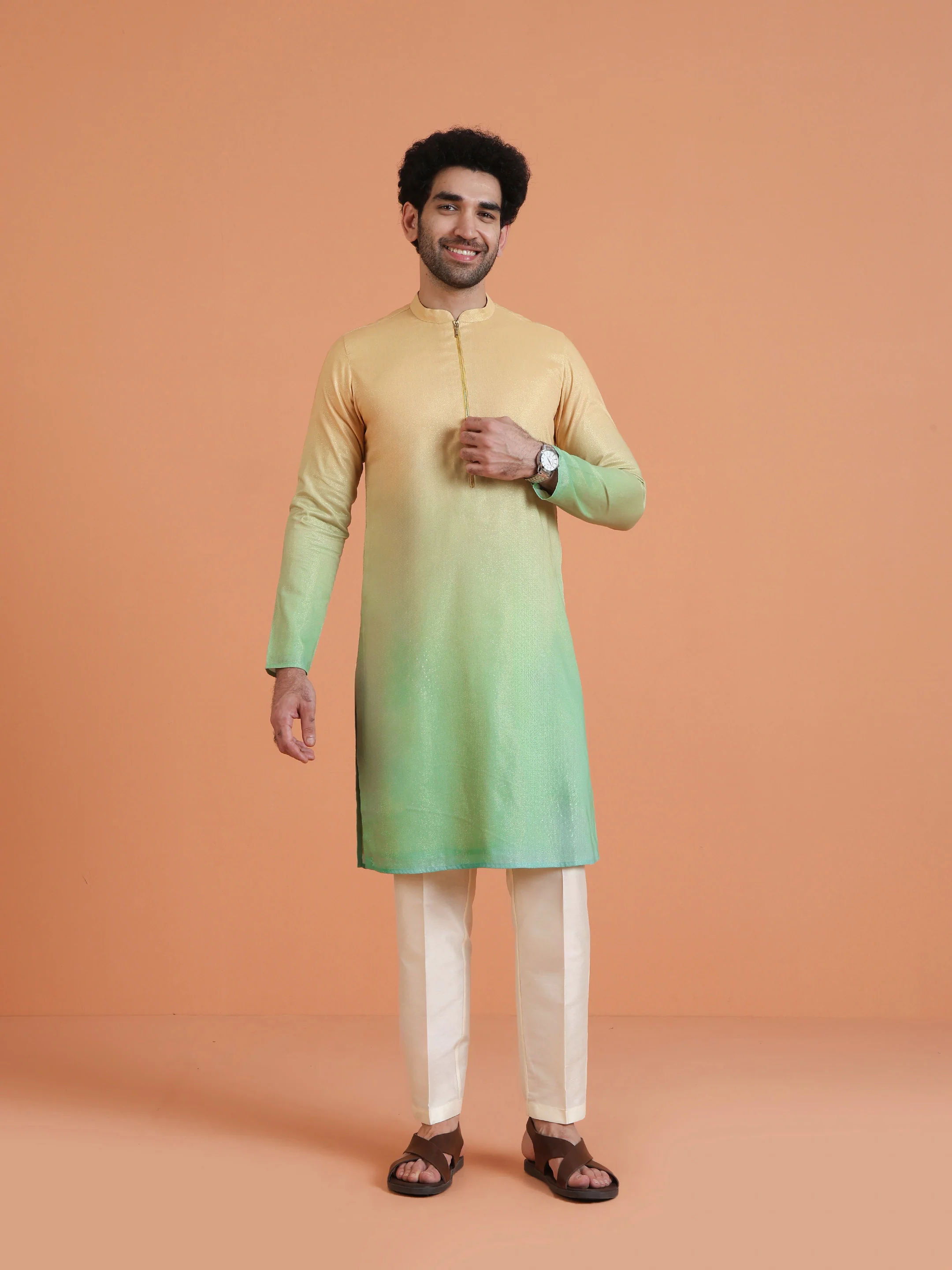 ellow-Green Ombre Dyed Kurta with Cream Trouser Set
