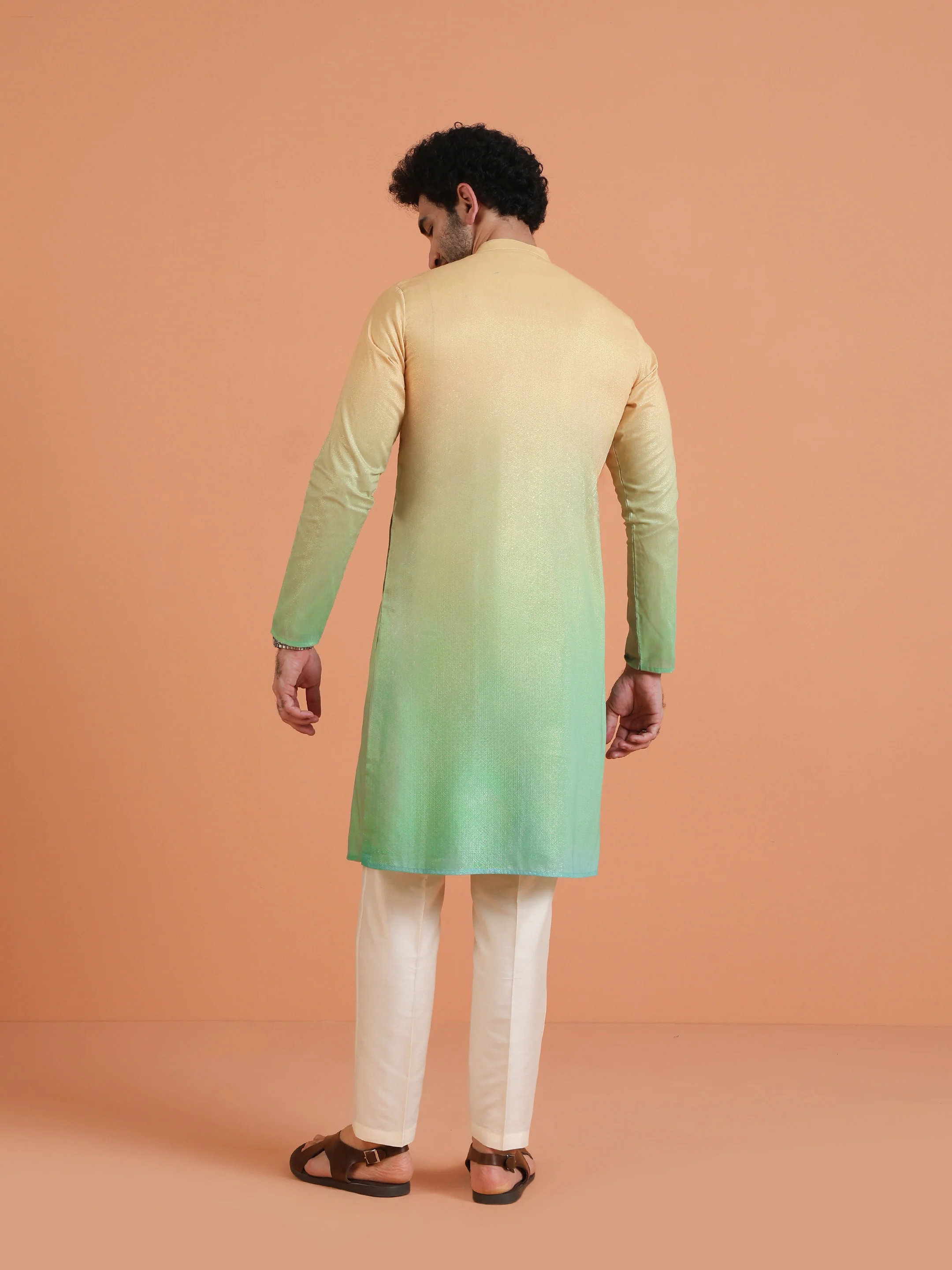 ellow-Green Ombre Dyed Kurta with Cream Trouser Set - Image 4