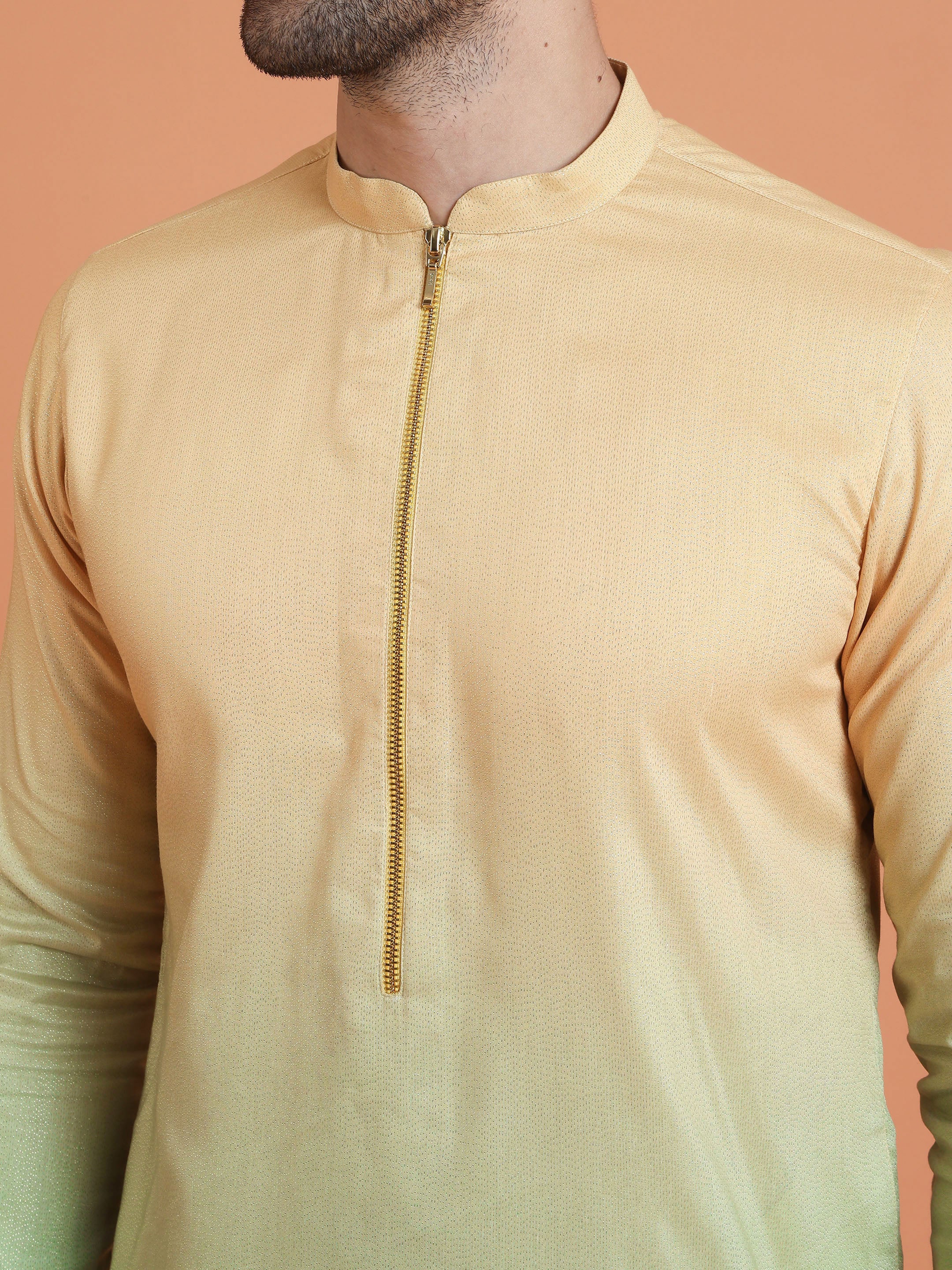 ellow-Green Ombre Dyed Kurta with Cream Trouser Set - Image 5