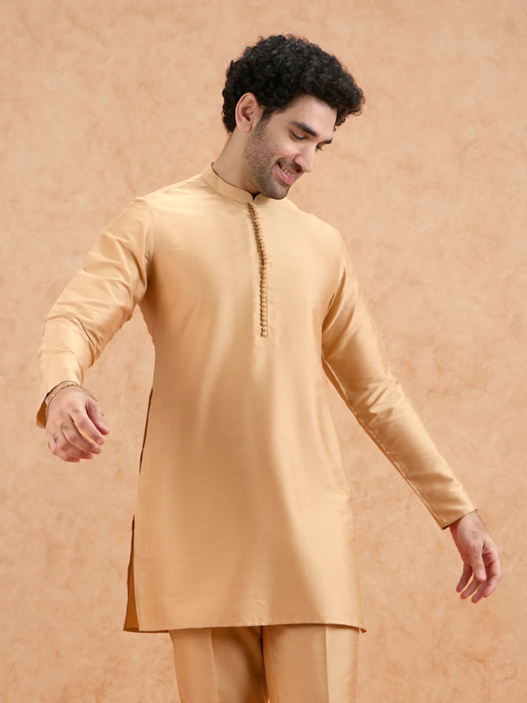 Golden Poly Silk Solid Mid Kurta