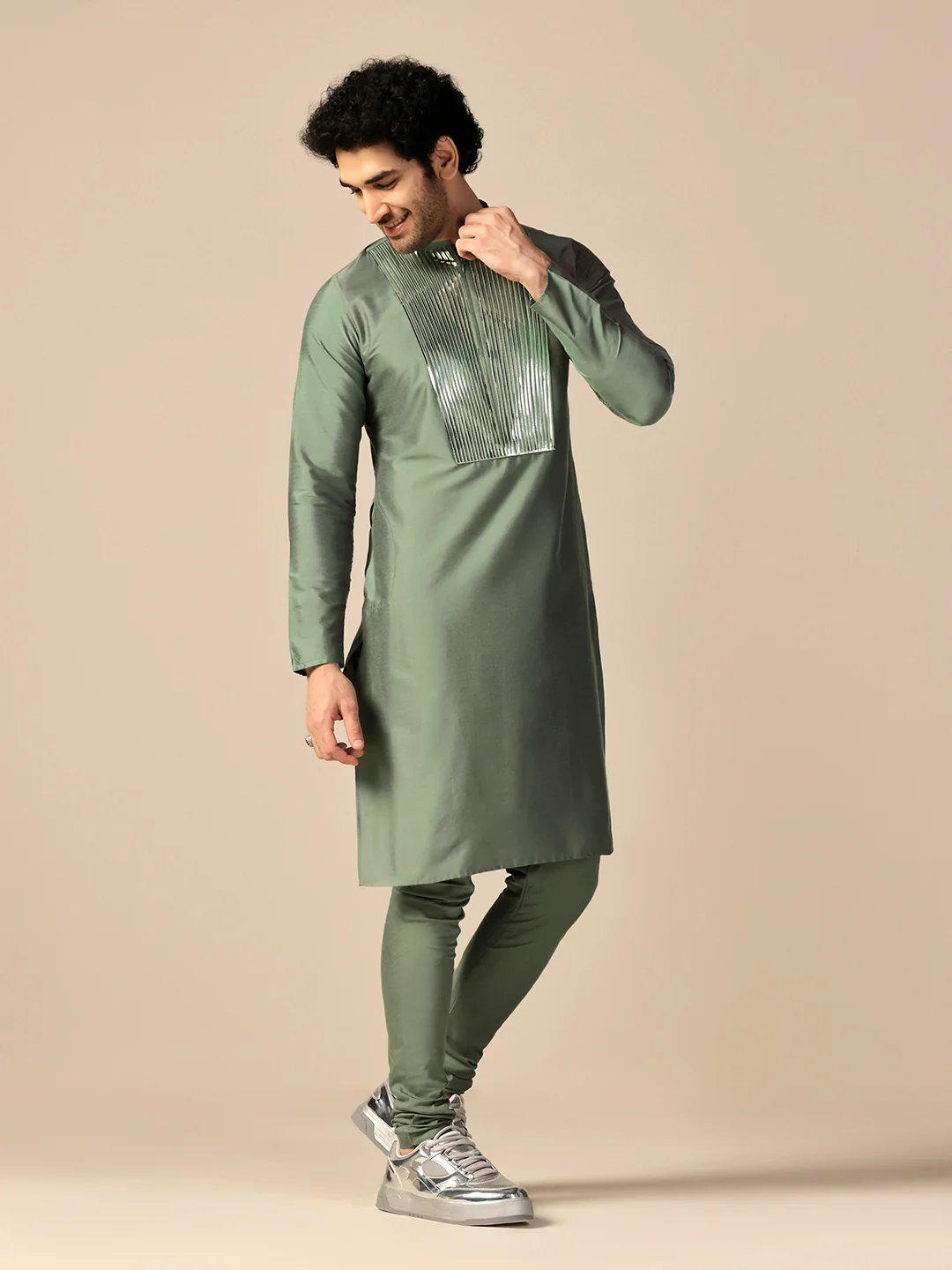 Green Cotton Blend Embellished Kurta Churidar Set - Image 3