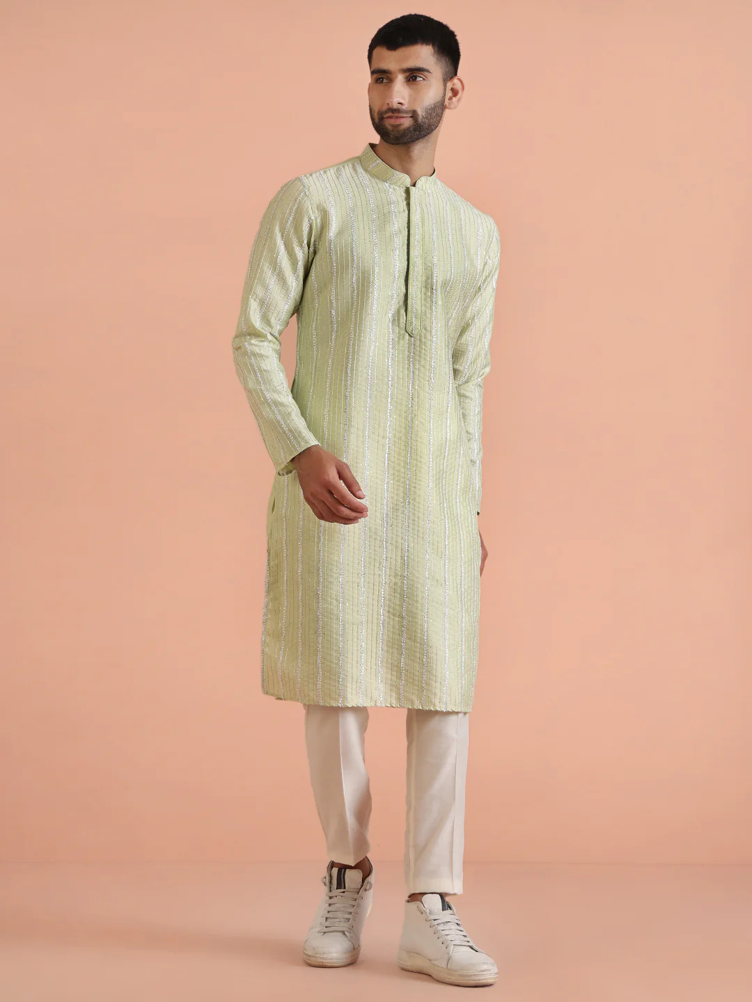Green Cotton Blend Embroidered Kurta Trouser Set - Image 2