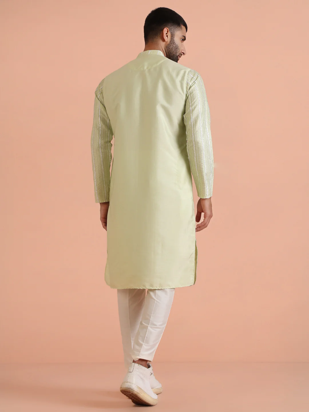 Green Cotton Blend Embroidered Kurta Trouser Set - Image 4