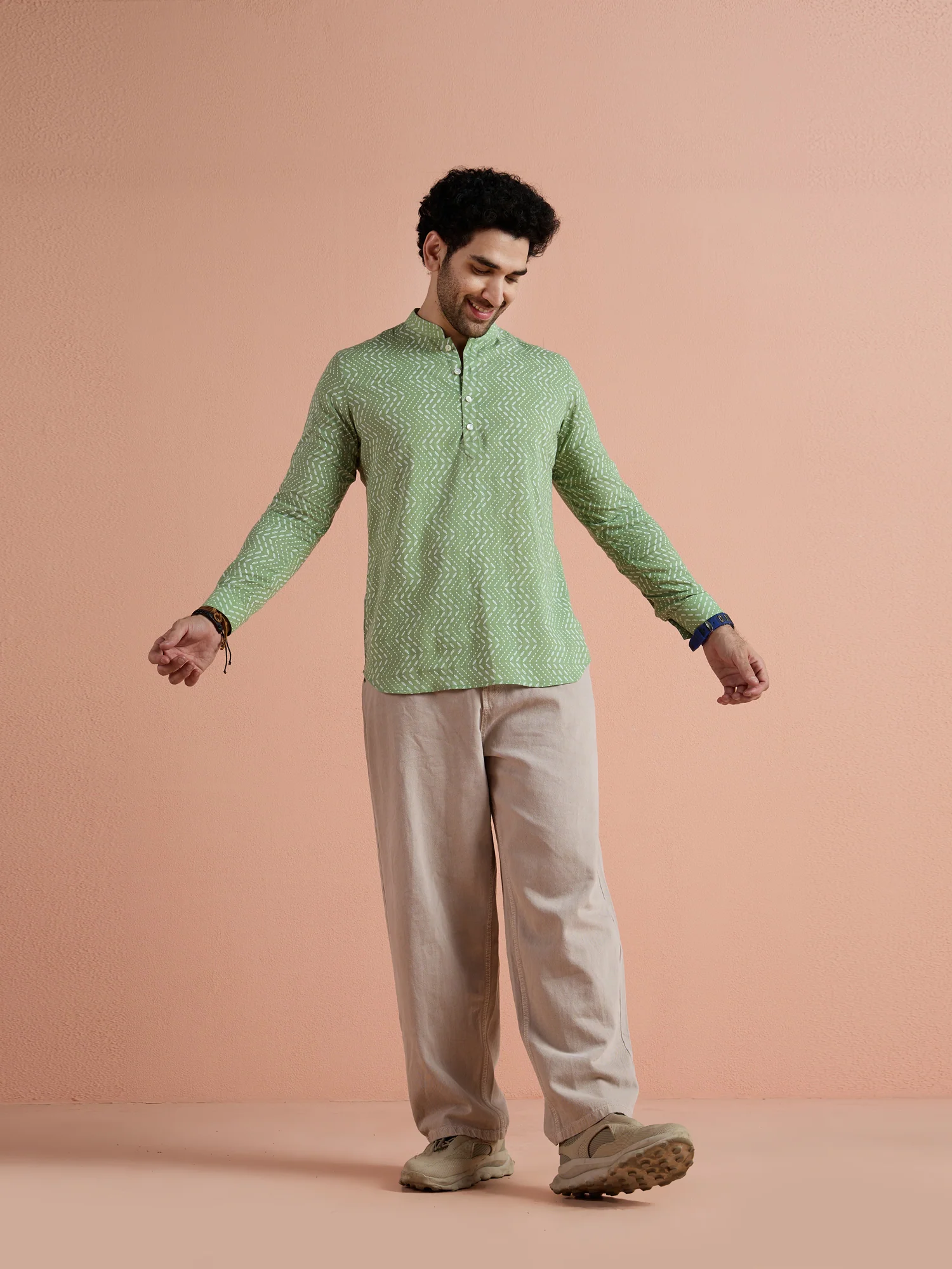 Green Cotton Printed Short Kurta