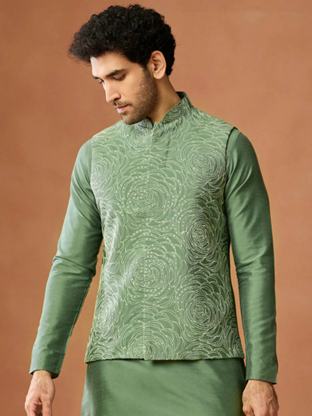 Green Embroidered Nehru Jacket