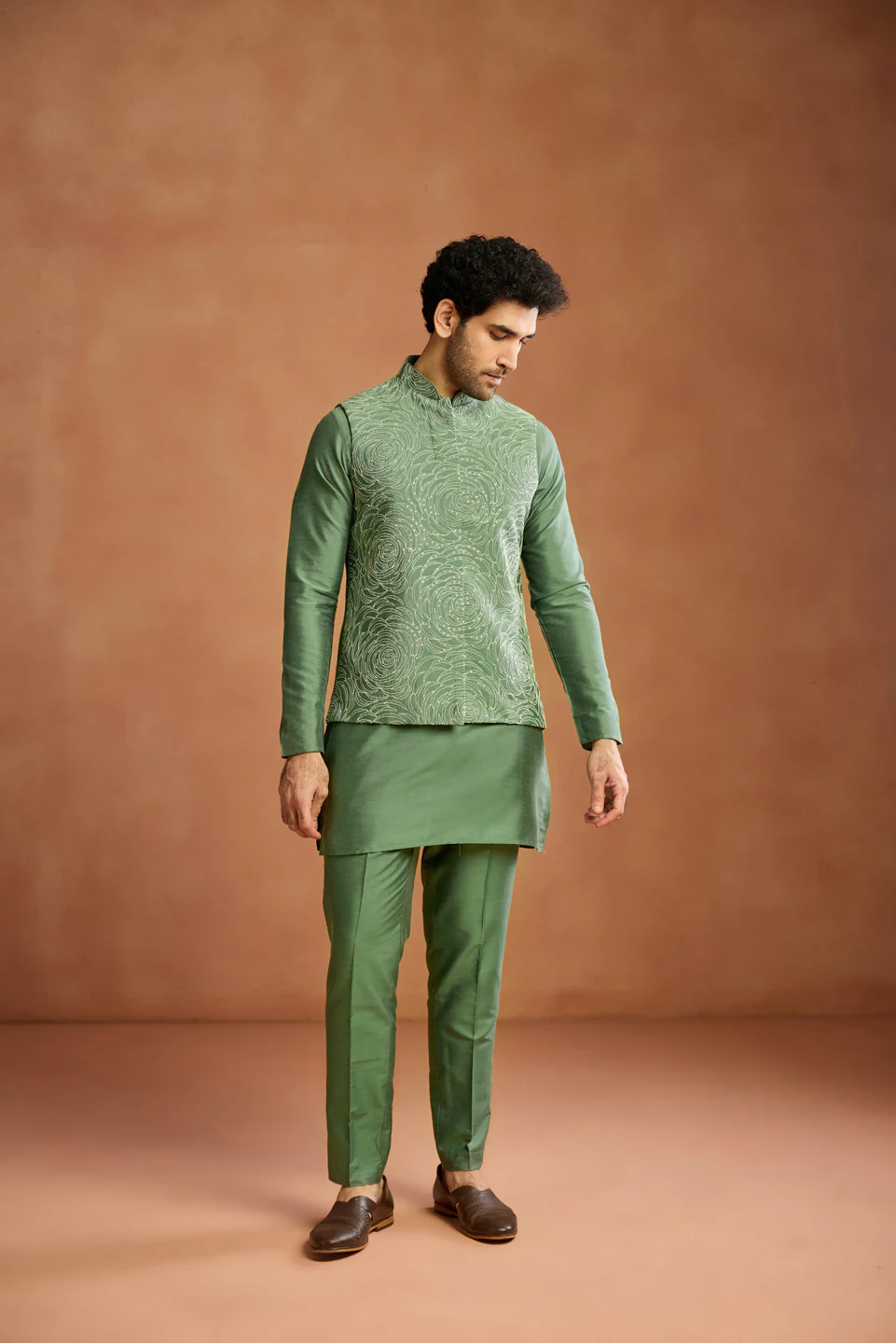 Green Embroidered Nehru Jacket - Image 2