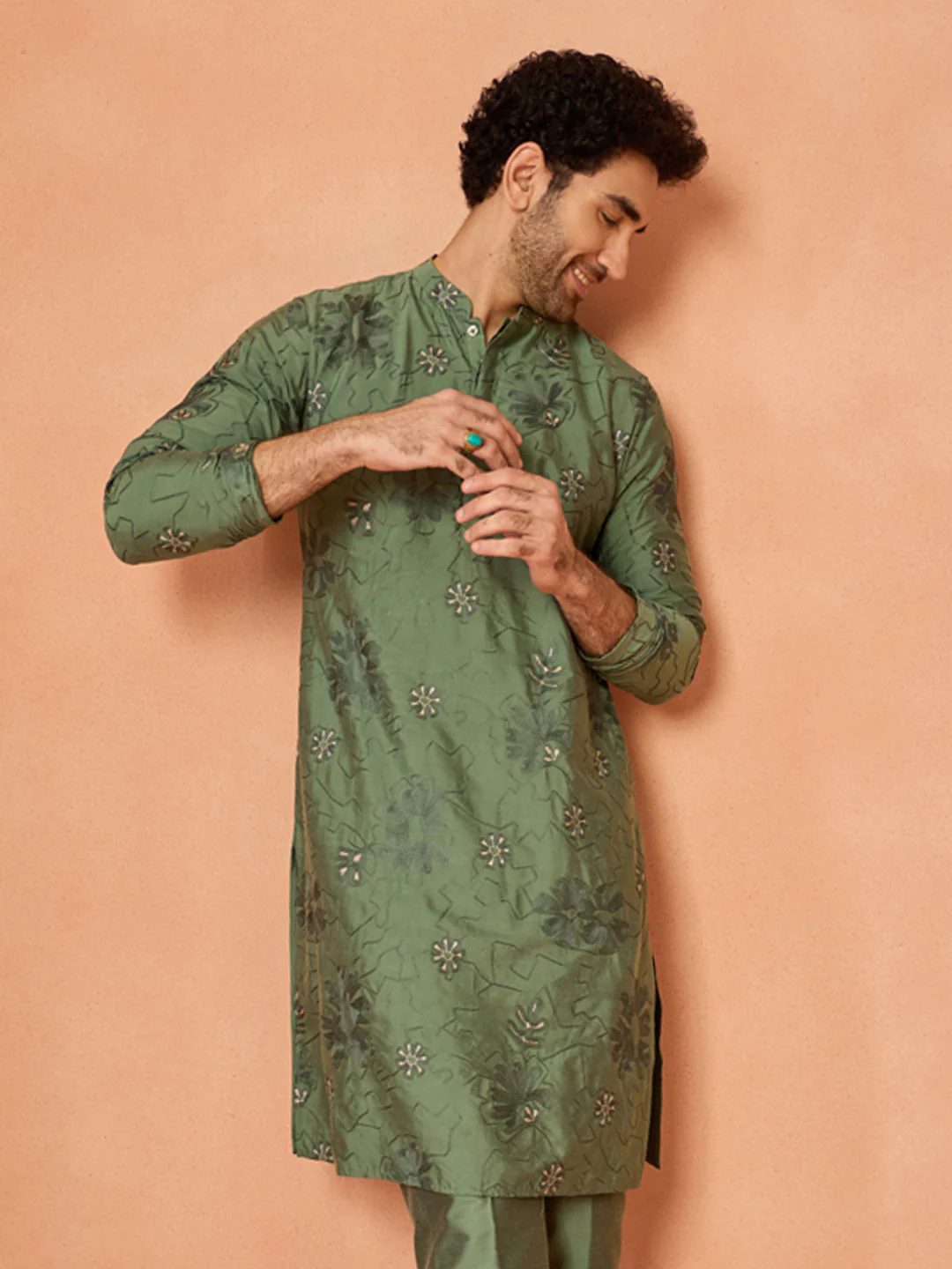 Green Floral Embroidered Silk Kurta