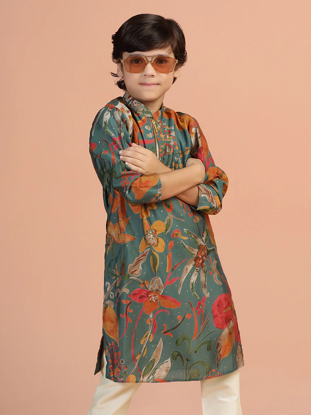 Green Floral Print Kids Kurta