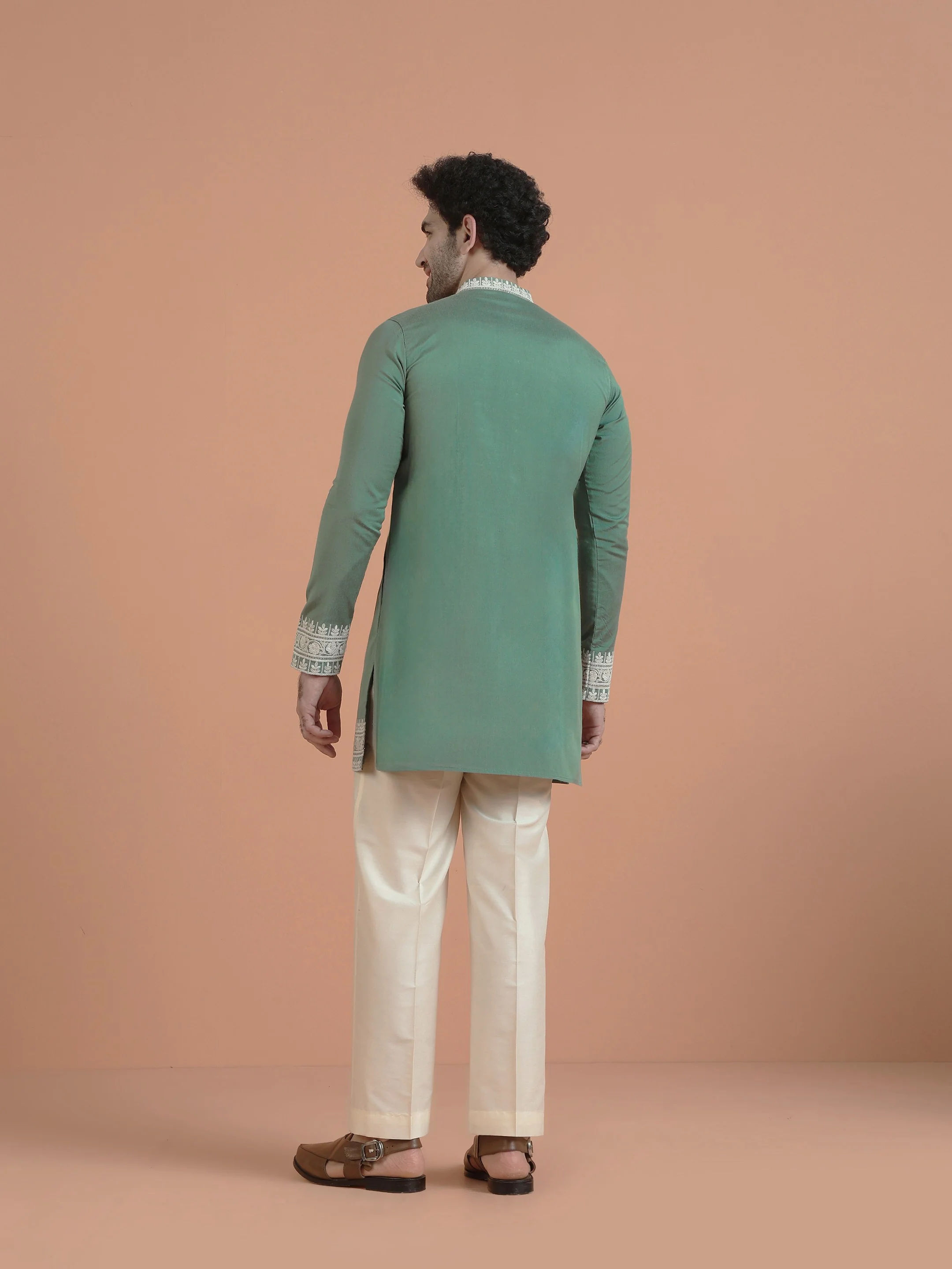 Green Silk Blend Embroidered Kurta Wide Trouser Set - Image 4