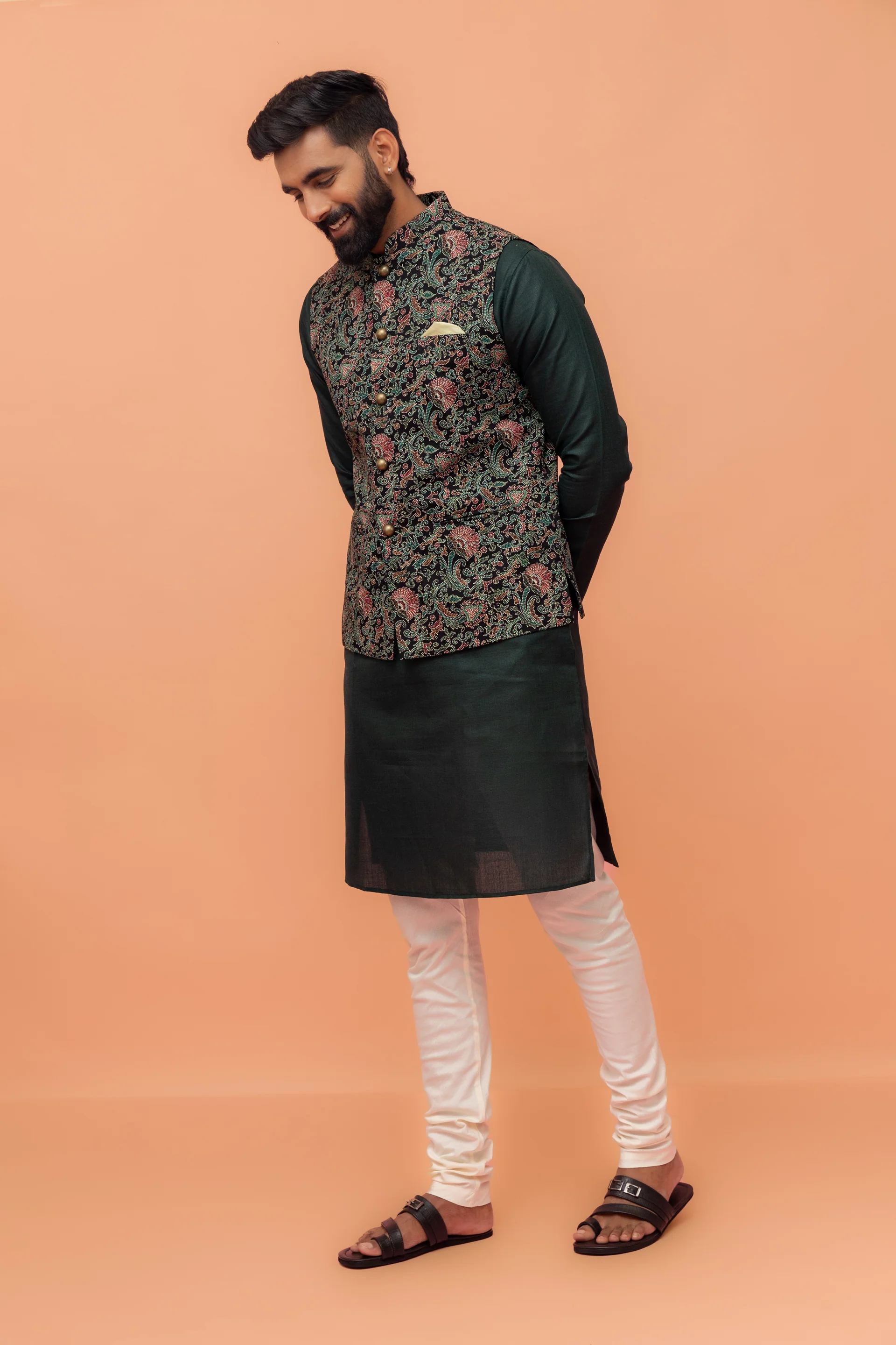 Green Pure Cotton Printed Kurta Jacket Churidar Set - Image 2