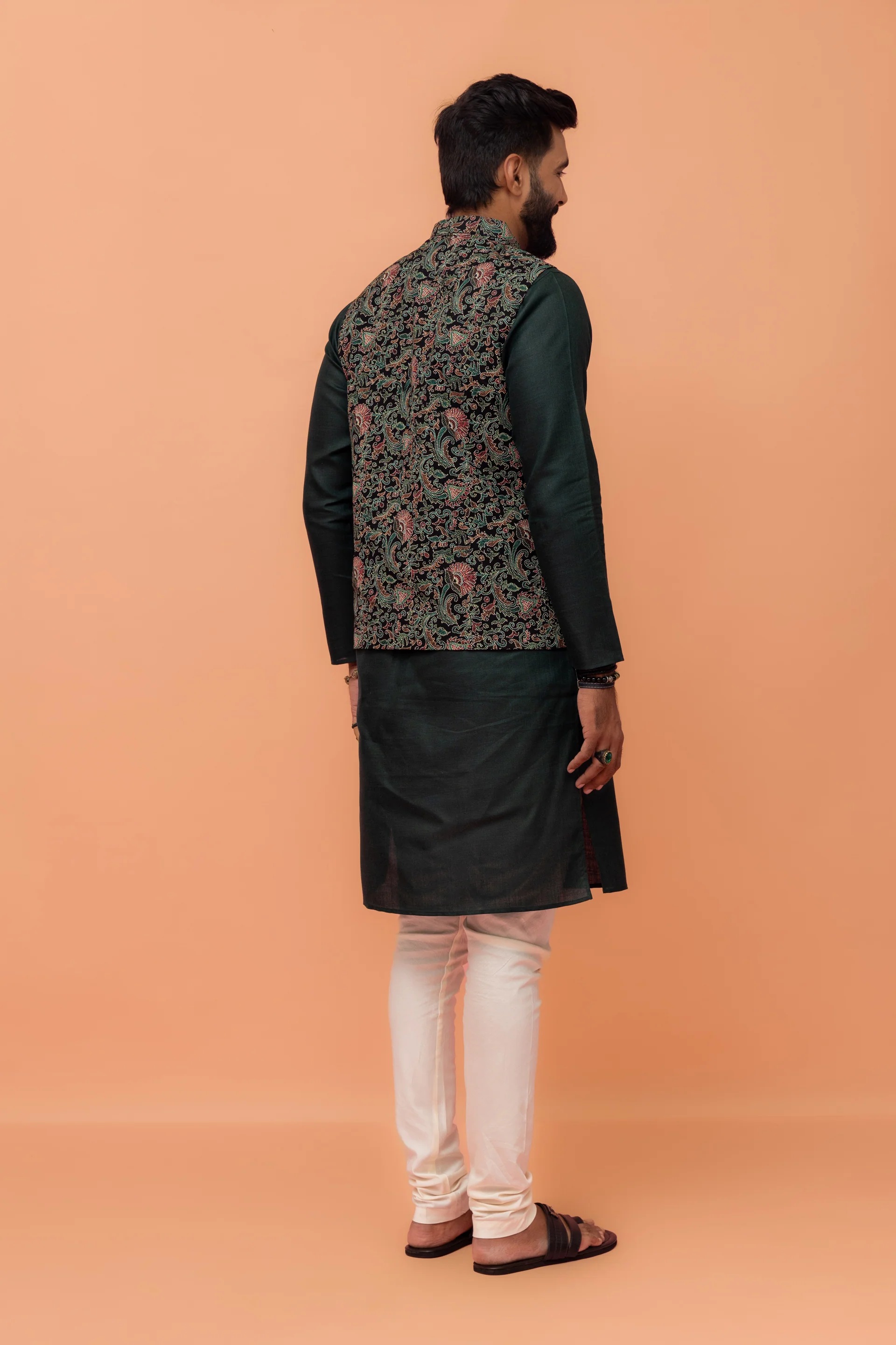 Green Pure Cotton Printed Kurta Jacket Churidar Set - Image 4