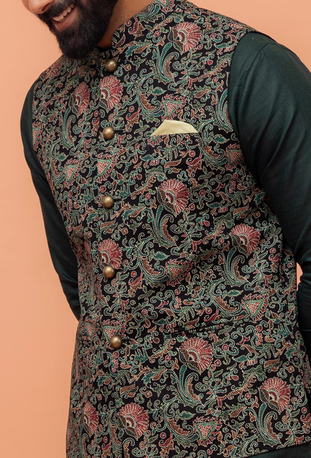 Green Pure Cotton Printed Kurta Jacket Churidar Set - Image 5