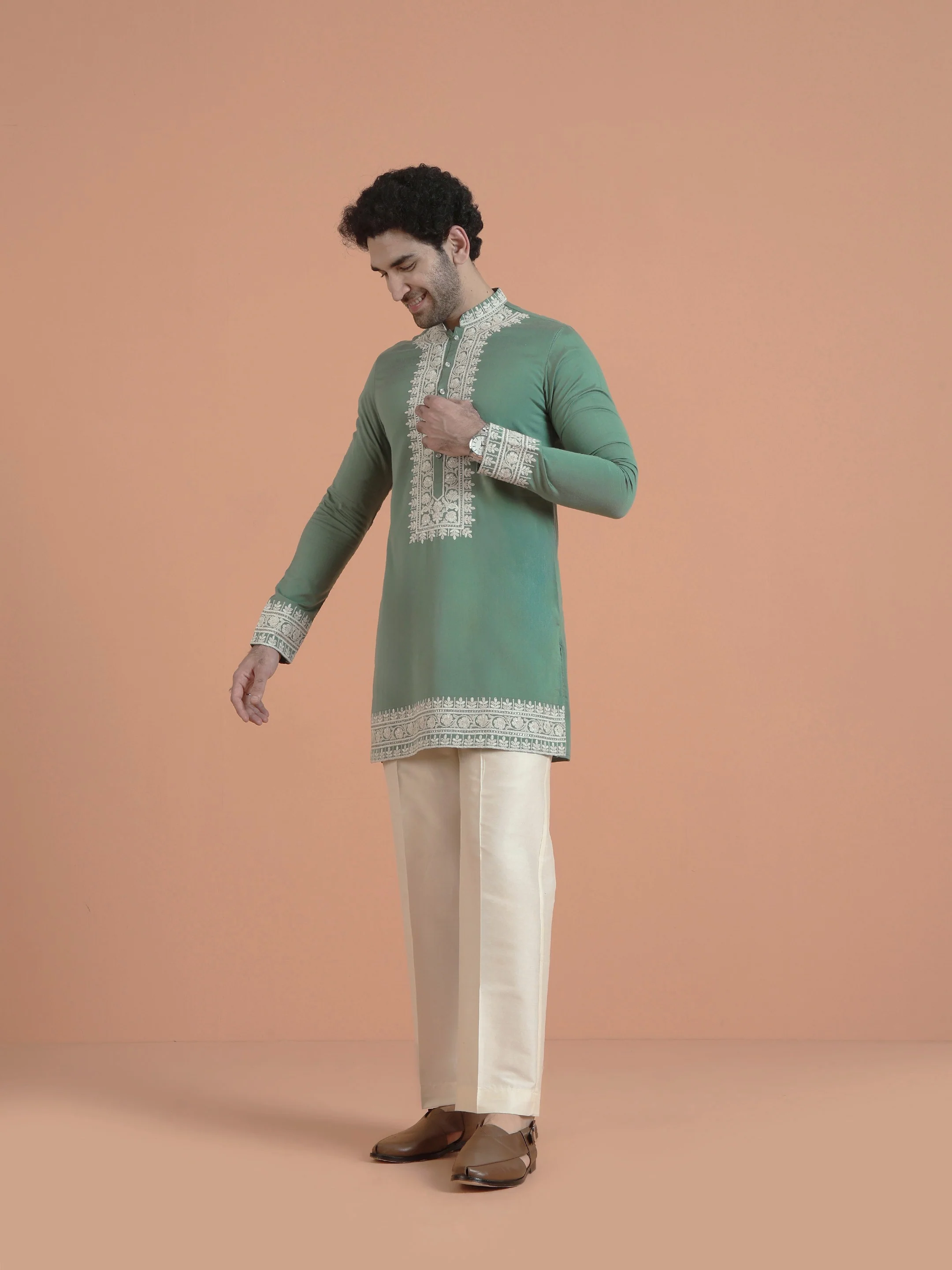 Green Silk Blend Embroidered Mid Kurta Wide Leg Trouser Set - Image 2