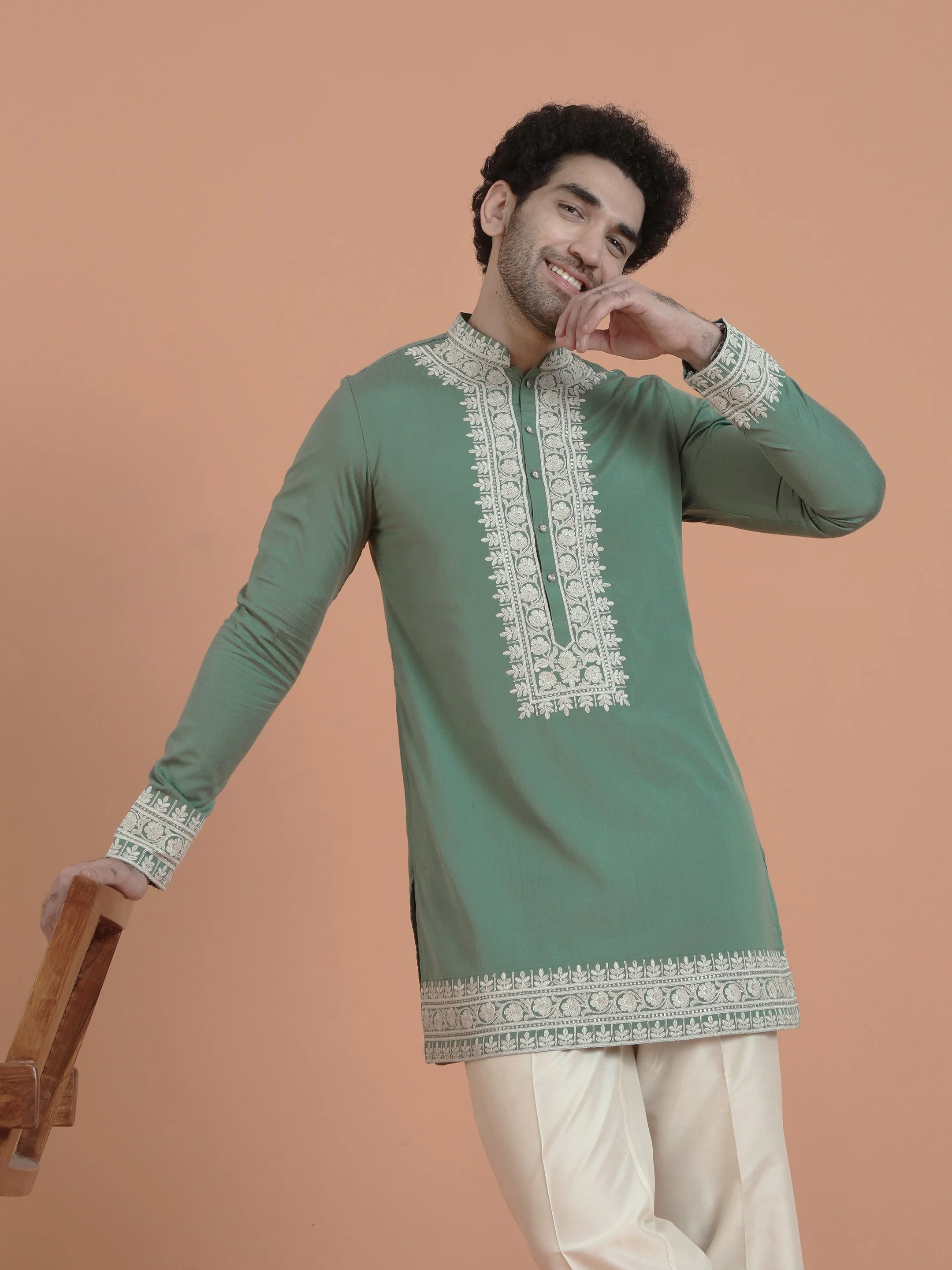 Green Silk Blend Embroidered Mid Kurta Wide Leg Trouser Set - Image 8