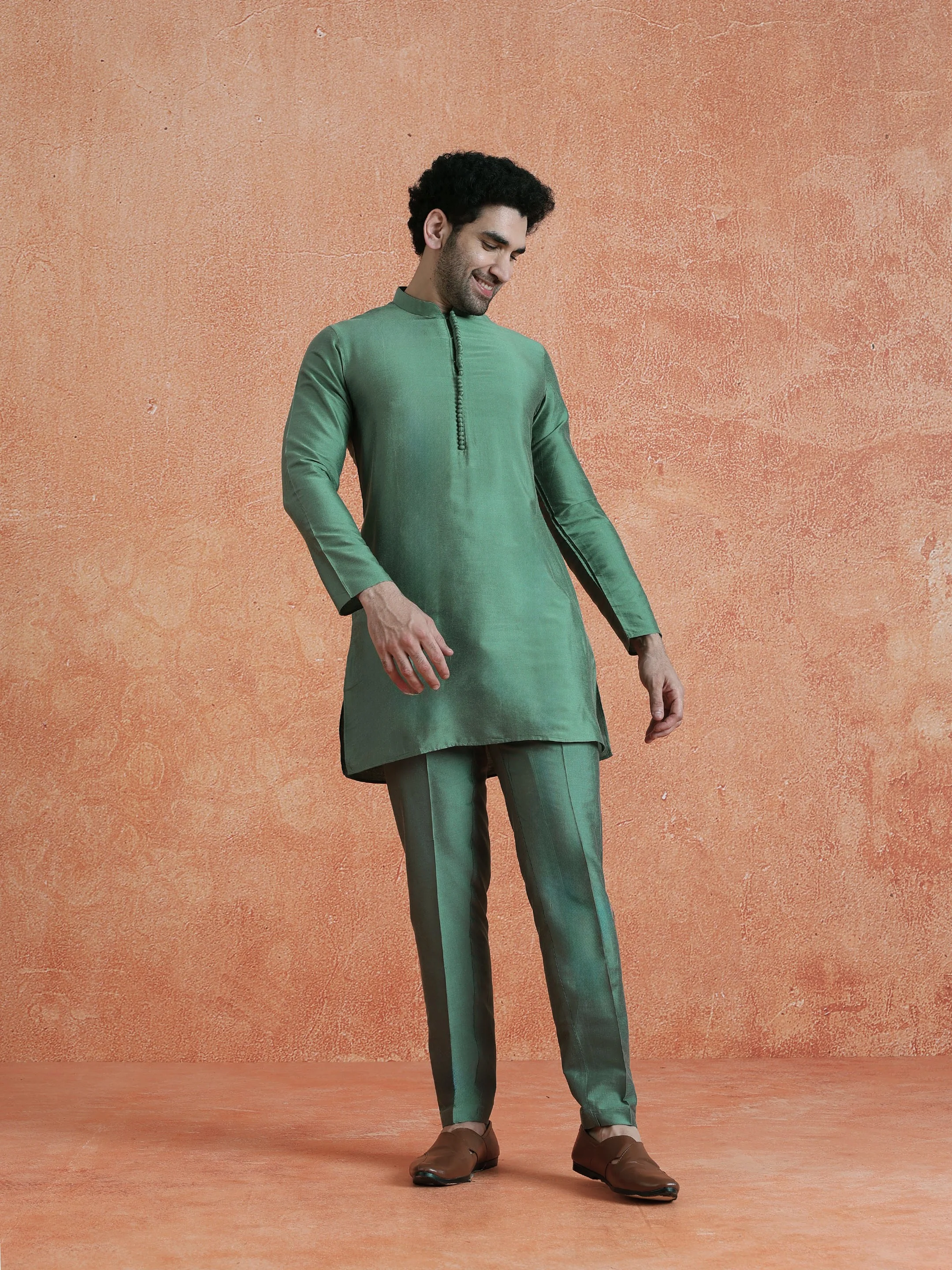 Green Silk Blend Jacquard Mid Kurta Front Open Sherwani Trouser Set - Image 7