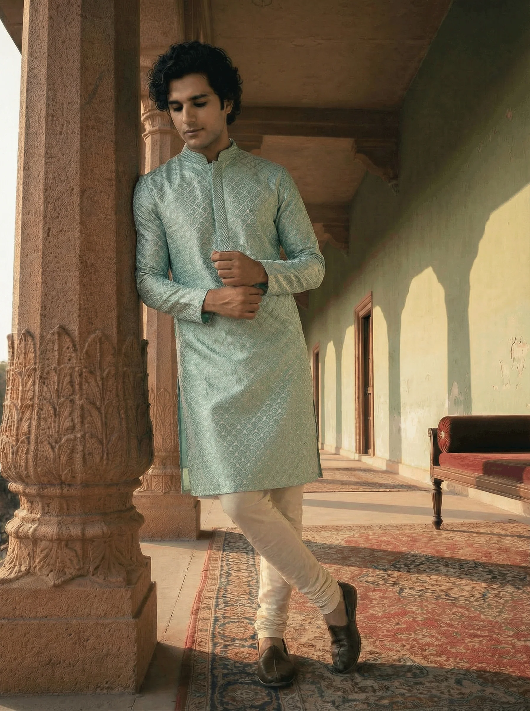 Green Silk Blend Textured Kurta Churidar Set