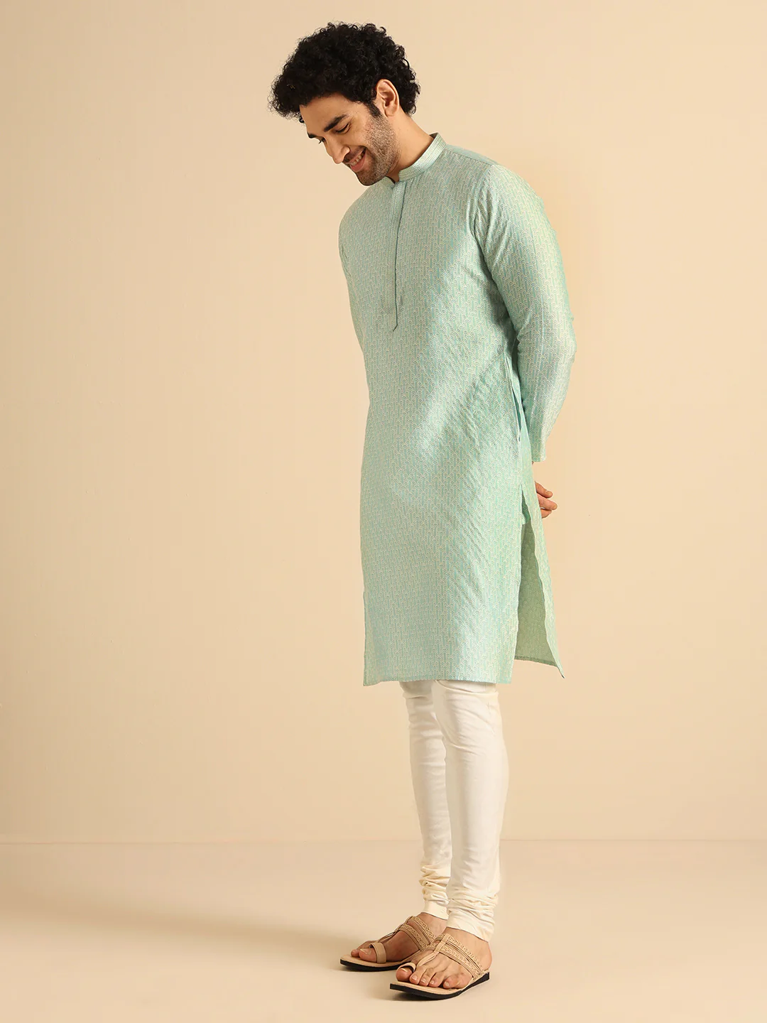 Green Silk Blend Textured Kurta Churidar Set - Image 2