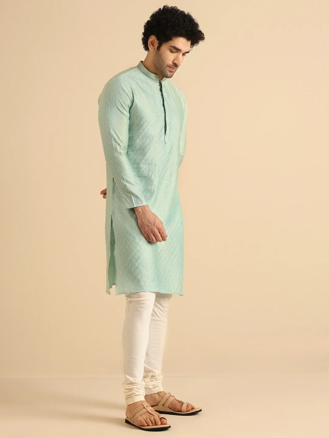 Green Silk Blend Textured Kurta Churidar Set - Image 3