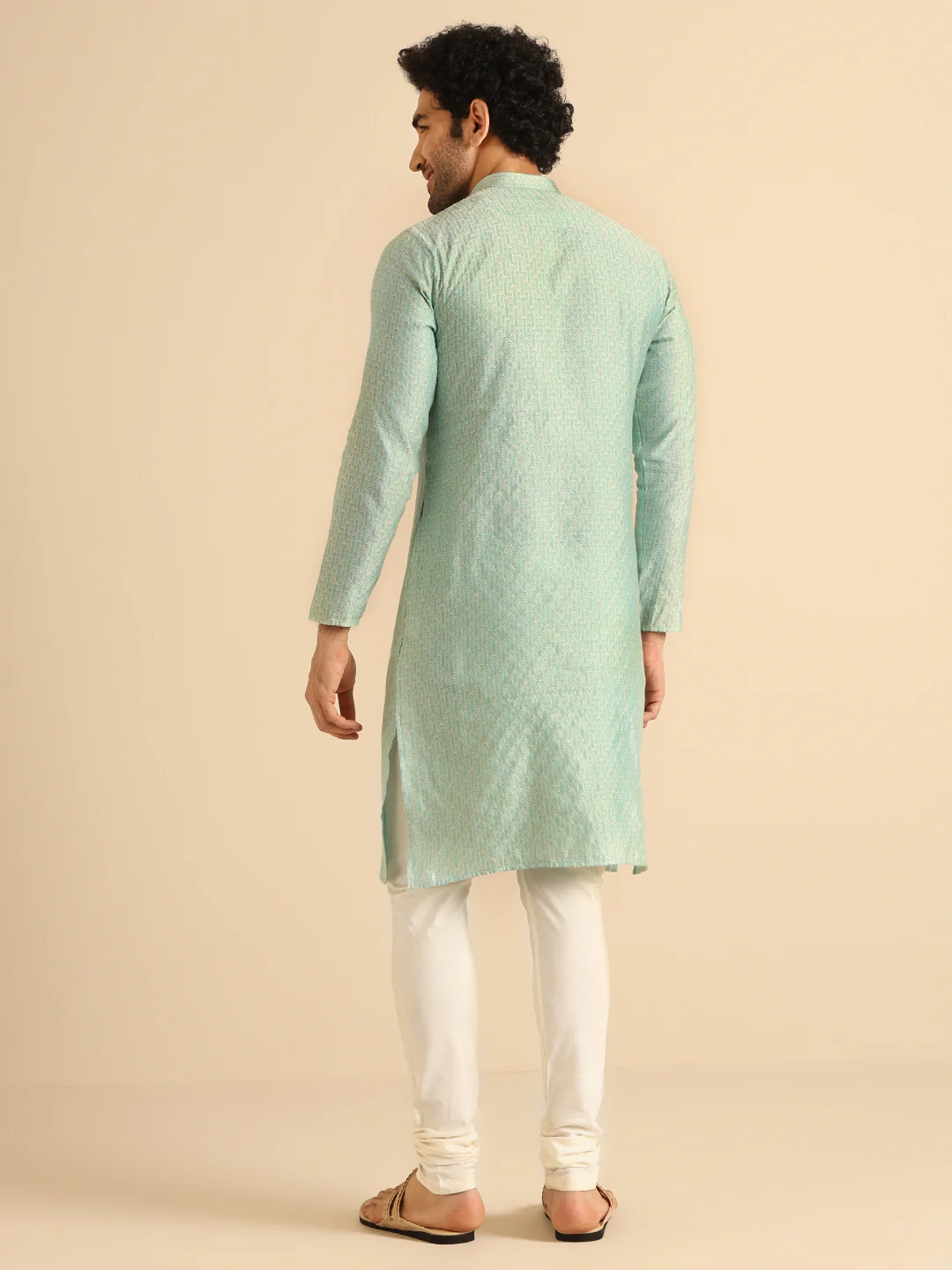 Green Silk Blend Textured Kurta Churidar Set - Image 4