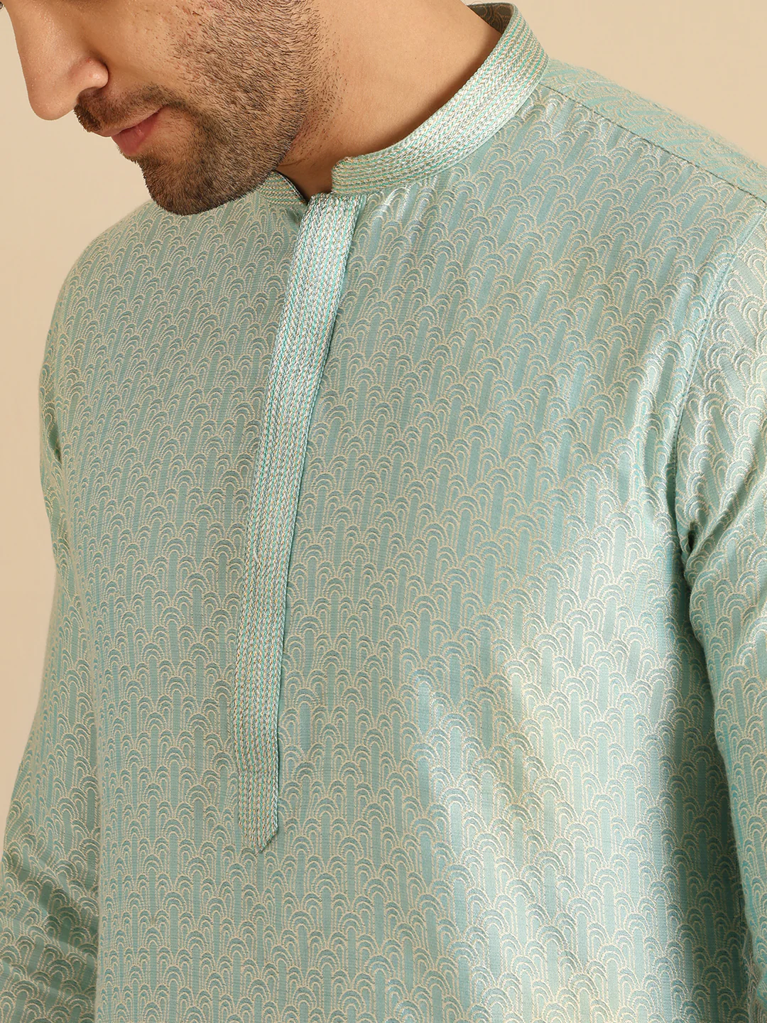 Green Silk Blend Textured Kurta Churidar Set - Image 5