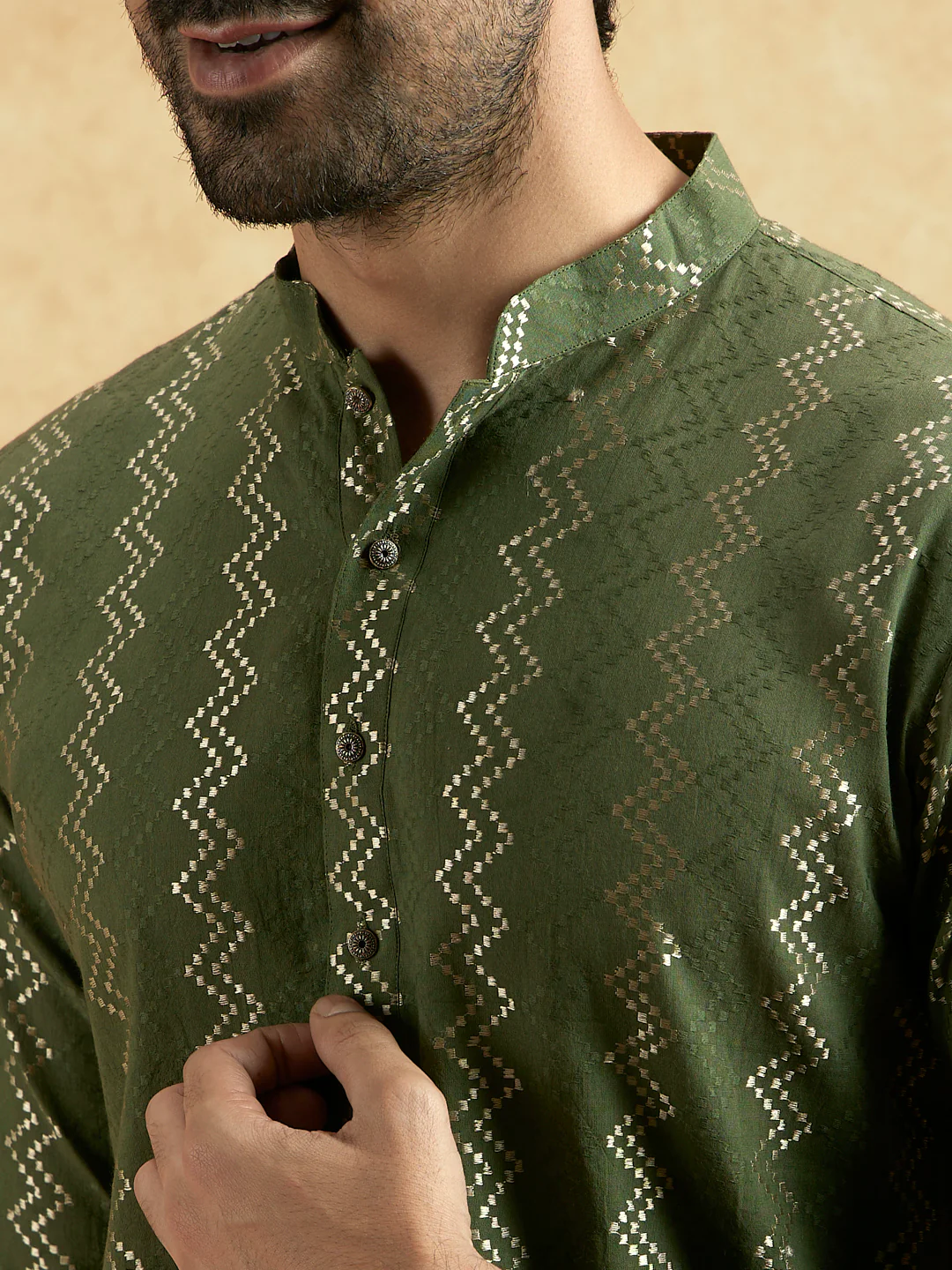 Green Cotton Blend Textured Kurta Trouser Set - Image 5