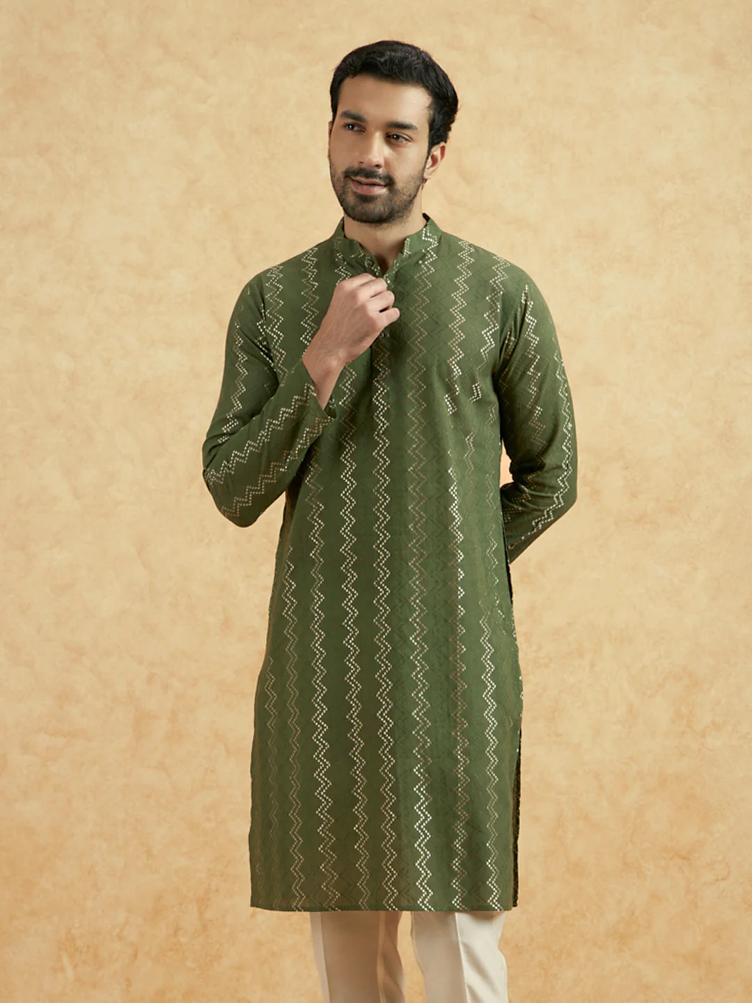 Green Cotton Blend Textured Kurta Trouser Set - Image 7